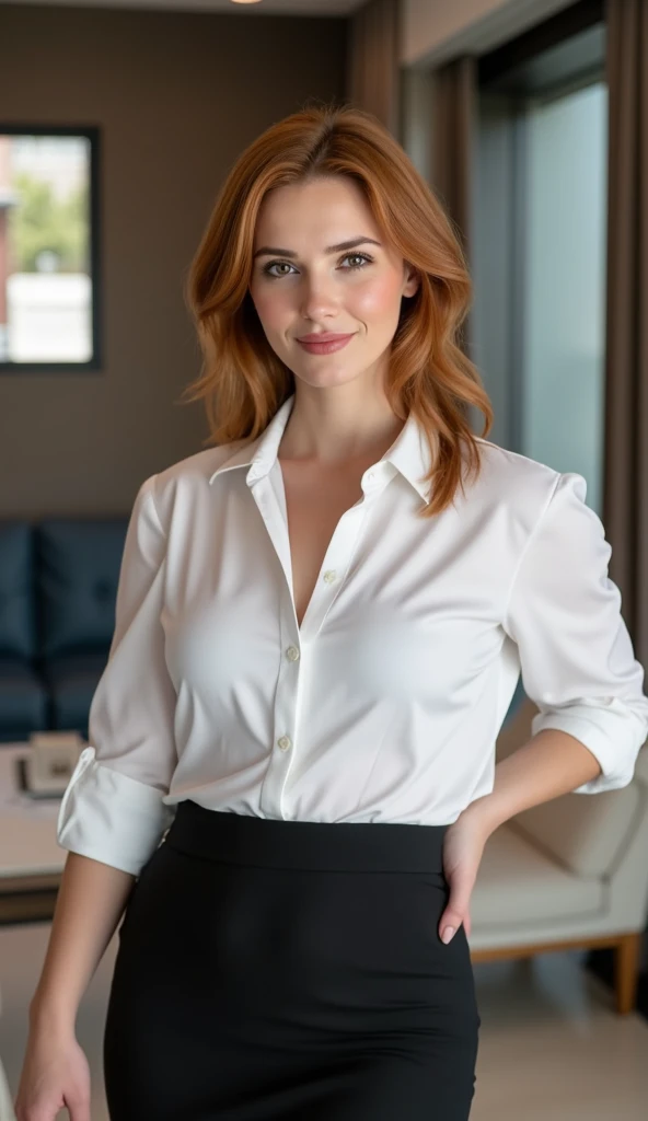 a woman with a red lipstick and auburn hair, stunning, inspired by Galen Dara, very attractive and beautiful, light brown eyes, cait miers, full body, hyperrealistic, she has ivory skin and hourglass figure with flared hips, she is wearing low cut white top with wine colored leather pants and black high heels, she is standing seductively in her living room, entire person visible, skin and pores
