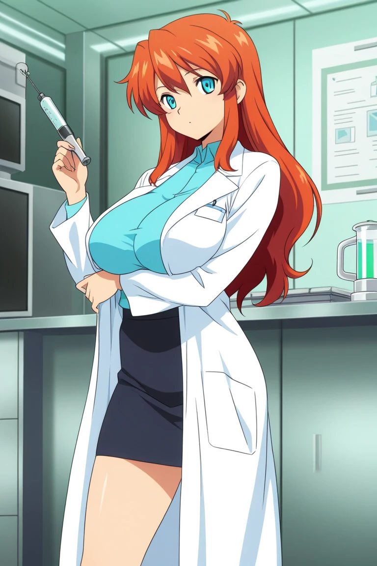 Kousaka honoka, blue eyes, blue short bodycon dress, white lab coat, (big breasts:0.9),(cleavage), facing viewer, embarrassed, smile, Blushing, ahoge, standing, indoors, hands on hips, open mouth,one eye closed