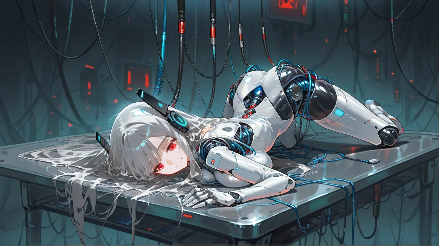 (((masterpiece))), (((Highest quality))), ((Very detailed)), (Highly detailed CG illustrations), ((Very delicate and beautiful)),(Cute and delicate face),Light,((1. Machine Girl)),alone,whole body,(Machine made joints:1.4),((Mechanical Limbs)),(Muscle swelling),(The container is connected to a tube),(Brain in a container:1.3),((Mechanical vertebrae attached to the back)),((Mechanical cervical spine attached to the neck)),((Sitting)),poker face,(Wires and cables attached to head and body:1.5),Small breasts,short hair,(Character Focus),SF,Dark shortcuts,Centering shortcuts,A devastated society,alone,