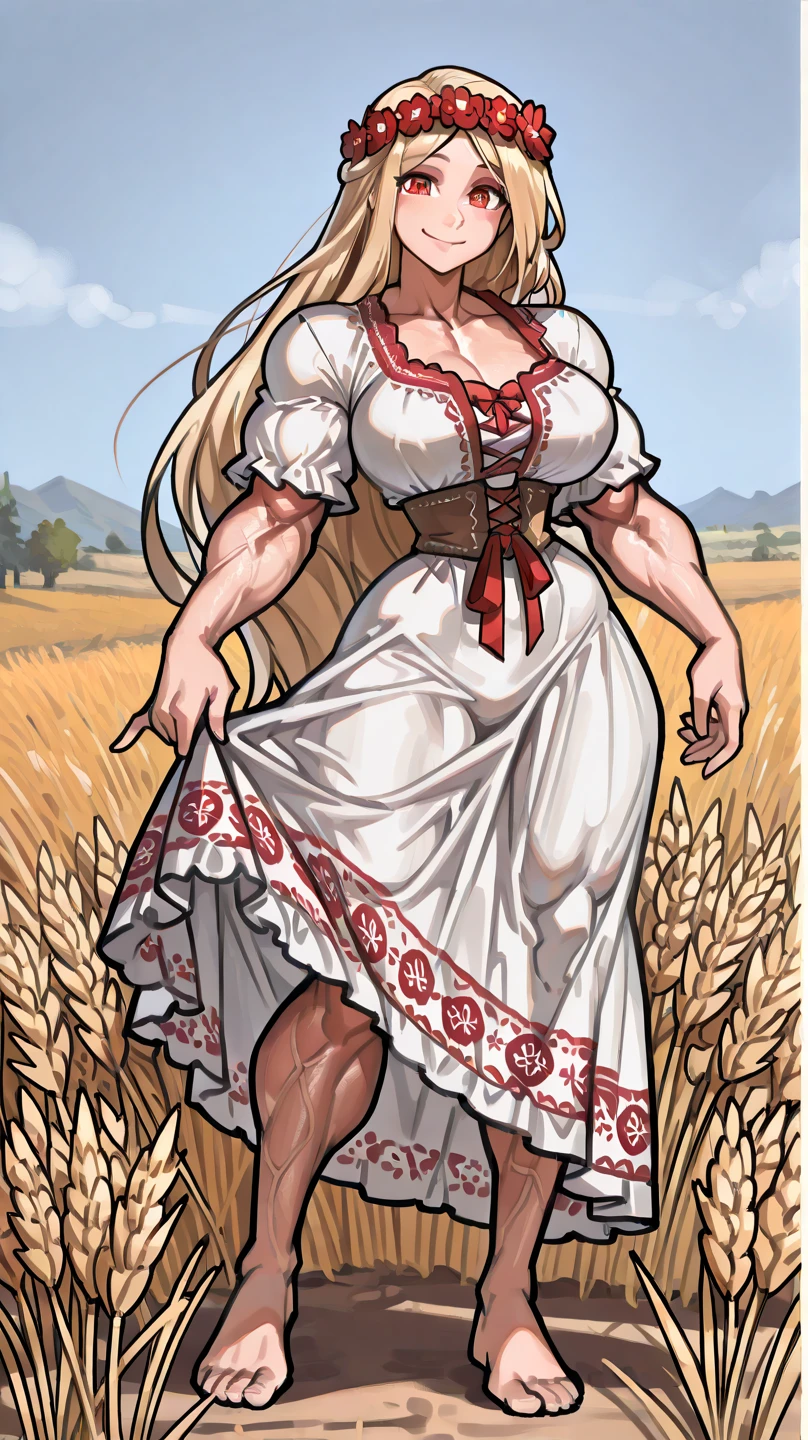 female, blonde hair, blue eyes, huge breasts, muscular, bodybuilder, giantess, smiling, medieval outfit, peasant, farm environment, landscape, (loose white blouse:1.2), huge breasts, cleavage, bare arms, from below, extremely low angle,