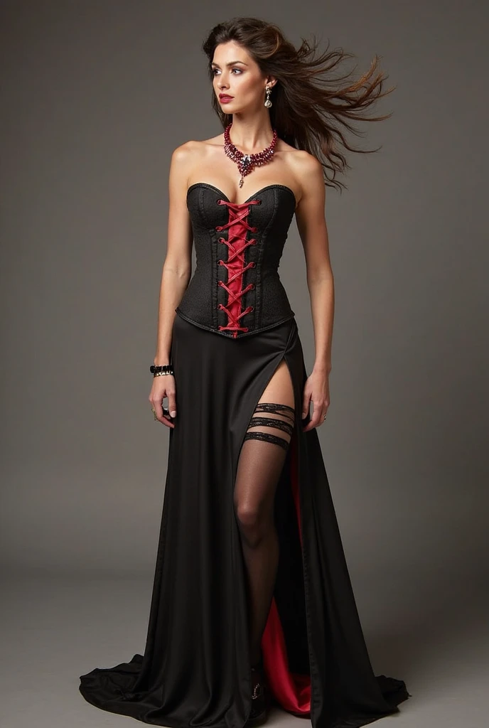 high quality fingers, normal hands, detailed fingers, masterpiece, (realistic, photo-realistic:1.37), (full body:1.5), High-end editorial-style photoshoot highlighting the beauty of a woman with blonde hair and bright blue eyes, dressed in a chic red and black corset, thin waist, seductive smile, large tits, perfect body, perfect face, (full body:1.5), set within the refined atmosphere of a Victorian ballroom. Stylish, elaborate jewelry made with expensive gems.
