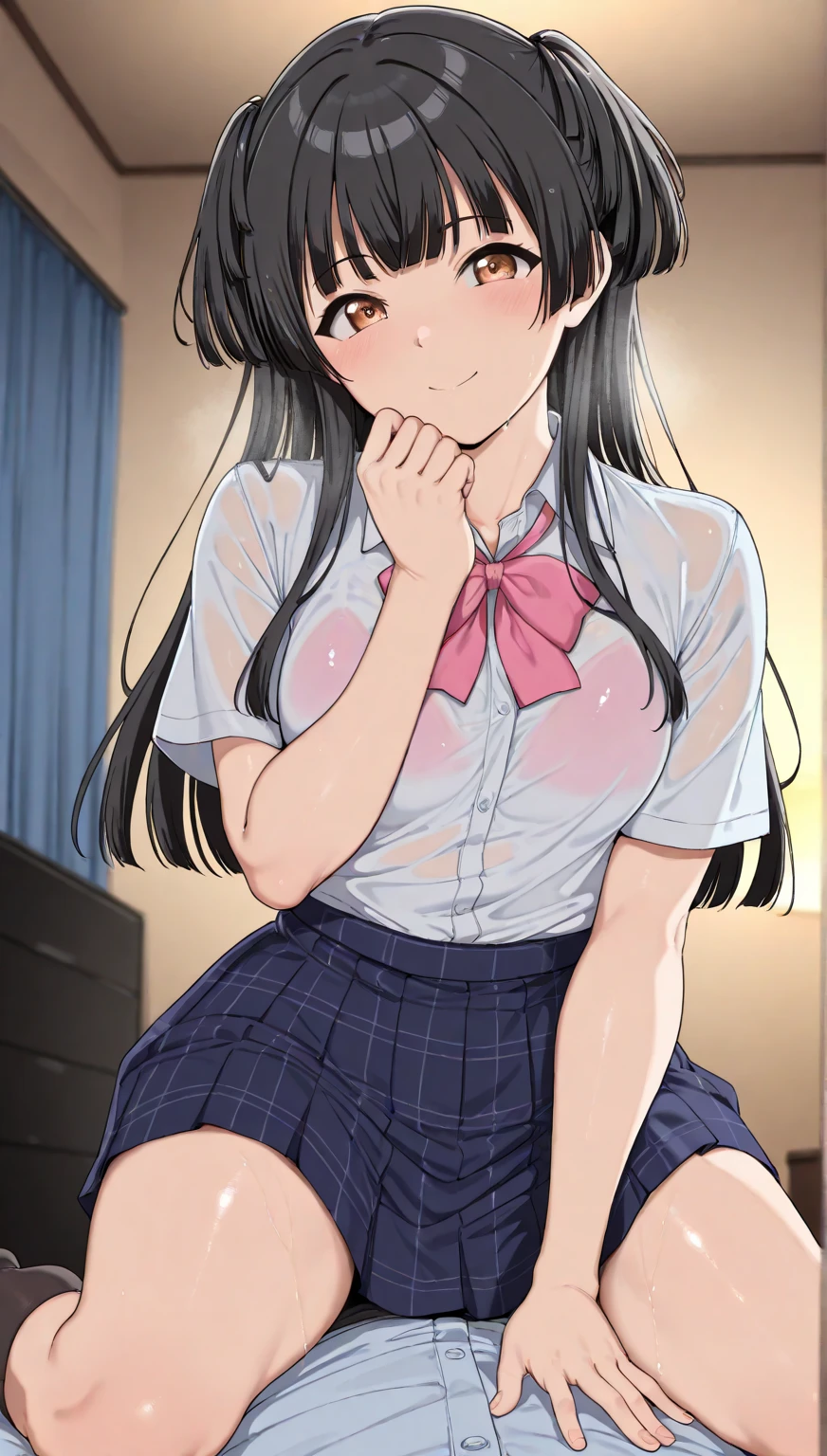 Best Quality, masterpiece, ((Solo, 1girl)), Komi shouko, fine detailed shiny eyes, medium chest, high resolution, best lighting, extremely detailed illustrations, blush, embarrassed, smile, open mouth, crotch seam, cameltoe, day, dripping wet, stained white panty, very NSFW, female masturbation, no top, hot, vaginal fluid, extremely aroused, female , vaginal squirting, schoolgirl outfit, lifting skirt,