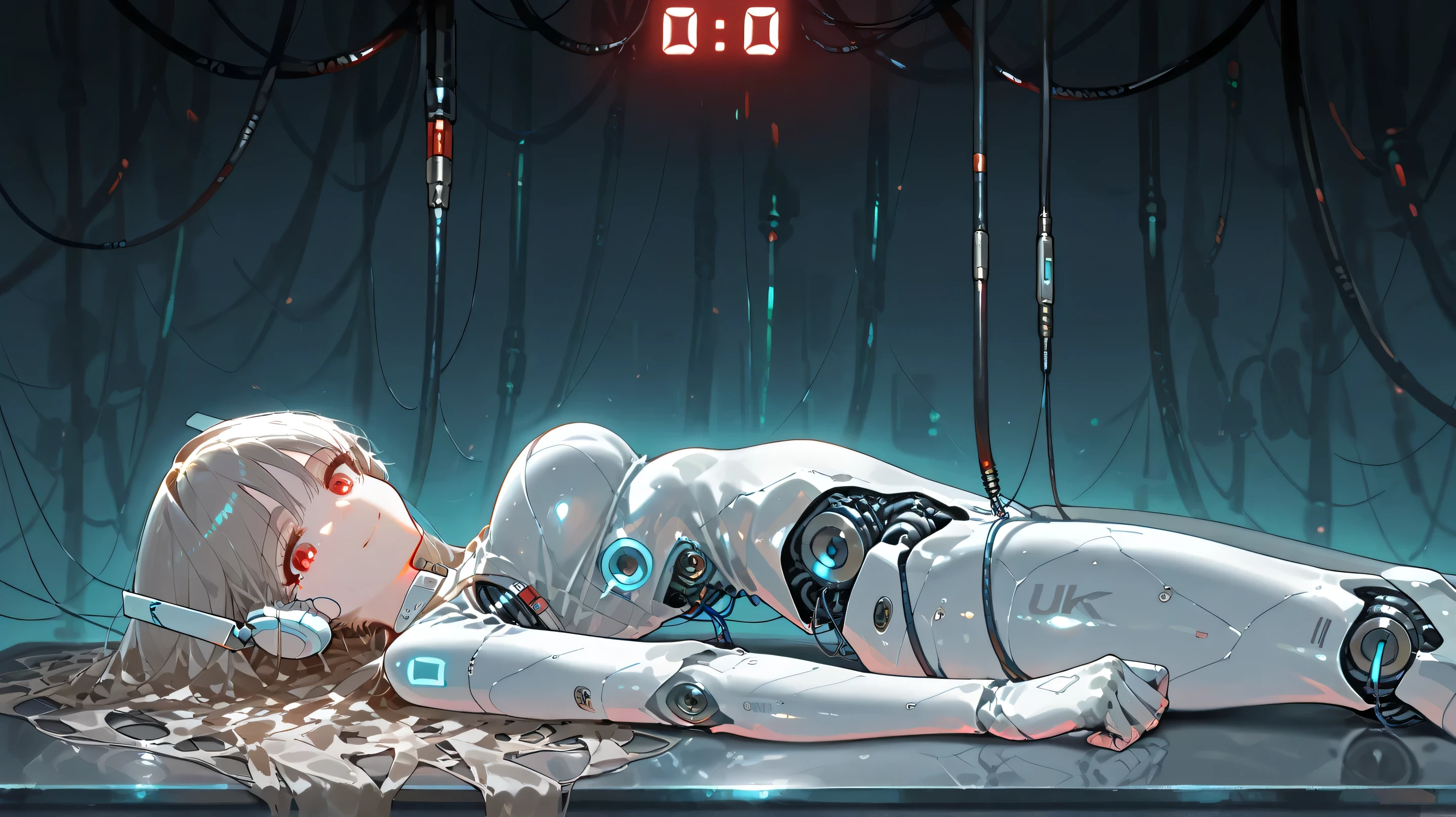 Cyberware, cybernetic lines, exposed mechanics, cable,cyborg, mechanical parts, robot joints,,nsfw, female head,long hair,cyborg style,cyborg,JK, soft large breast,master piece,best quality,ultra detailed,ultra hires,8k,beautiful detailed face,beautiful detailed eyes,cinematic lighting, good_hands,breasts, 1girl, shock, noticing, looking down in shame, craving, robot ears
, from behind,legs closed
Scene: a woman lying flat on her back on a metal table looking upwards with a determined but sad look, frowning, cables are plugged into her body, cables are plucked into her head looking directly to the viewer with a sad smile
Atmosphere: Android, neon, future, thin lines, no skin color
view from top
background: flickering red status screens, cables, machines, red light