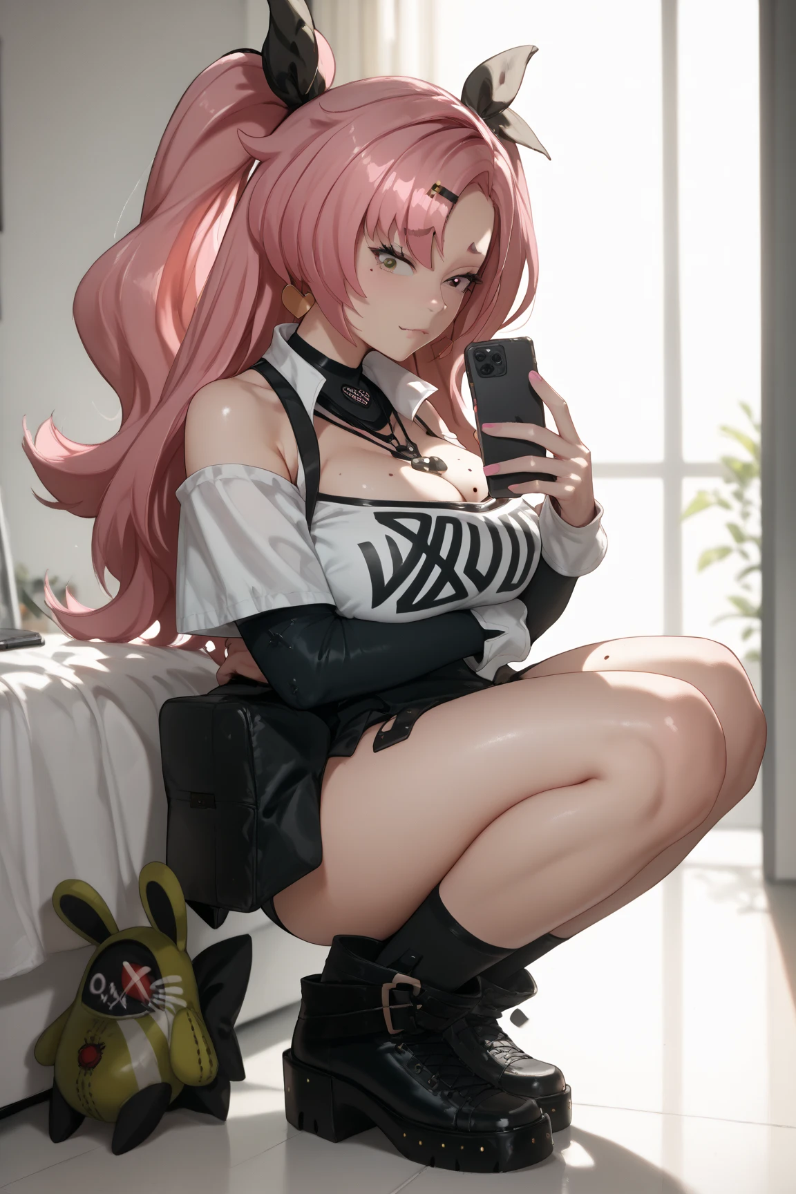 <lora:pose selfie mirror-000008:1> ,1girl, solo, mirror, animal ears, rabbit tail, thighhighs, long hair, ass, rabbit ears, breasts, pink hair, playboy bunny, fake animal ears, tail, leotard, black leotard, garter straps, wrist cuffs, phone, looking at viewer, ponytail, kneeling, bare shoulders, flower, holding, high heels, looking back, black thighhighs, purple eyes, fake tail, black footwear, reflection, indoors, cellphone, thighs, bangs, selfie, strapless leotard, from behind, strapless, ribbon, blush, closed mouth, smartphone, bed, pink eyes, sidelocks, holding phone, underwear, hand on own ass, hairband, bare arms, lace trim, hair ribbon, window, medium breasts, large breasts, dutch angle, lace-trimmed legwear, black ribbon, hand on own thigh
