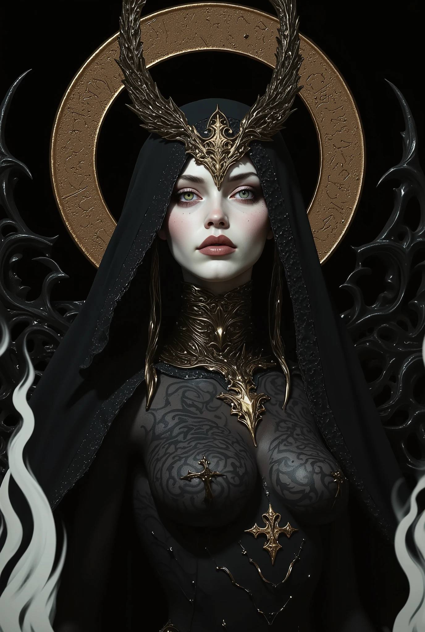 I want to create a medium shot dedicated to portraying Lilith as a dark nun in a blasphemous habit that shows cleavage and lots of skin in an erotic way and wearing a spiked halo crown, queen of demons, first wife of Adam, first succubus. masterpiece. best quality. Hourglass figure, teardrop shaped lovely natural breasts, perfect anatomy, skin as pale as milk, short spiky cyberpunk hair and radiant malevolent eyes,beautiful cinematic impressionistic painting, dark dramatic character, tattoos of demonic script all over body, sinister beauty, shapely tall figure, curvy lush body, young looking tall and voluptuos 35 year old demon queen dark circles under eyes,wings of white flame, surrounded by white flames that protect her,vein the style of jeremy mann and charles dana gibson, mark demsteader, paul hedley, highly expressive and imaginative, beautiful dark fantasy with a sharp edge, well-defined focus on central figure.