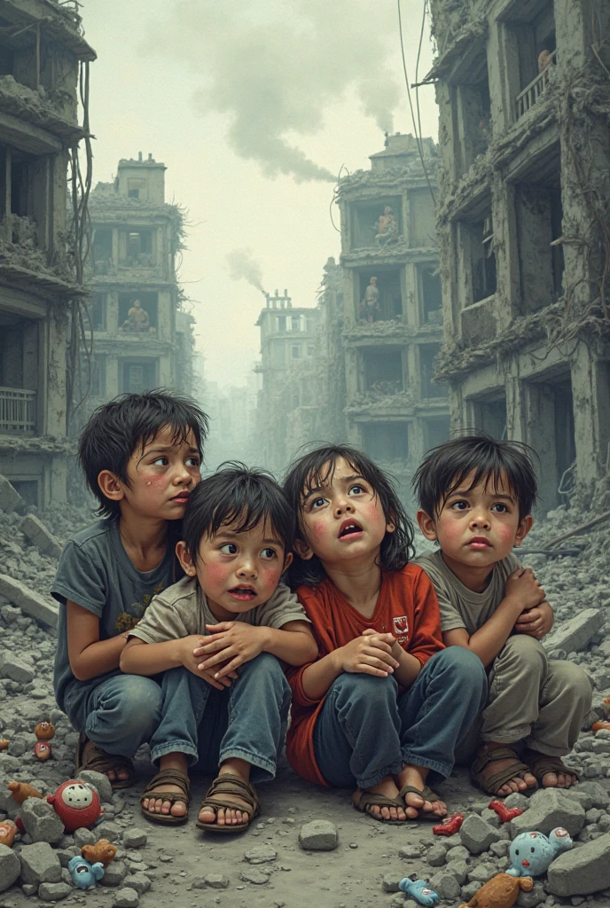 (best quality,4k,highres,masterpiece:1.2),ultra-detailed,realistic:1.37,a girl,teddy bear in her arms,tears,witnessing a gigantic nuclear explosion on the horizon,corpses flying,emotionally devastated,devastation,ruined cityscape,fire and smoke rising,dark and eerie atmosphere,mysterious shadows,mourning,collapsed buildings and debris,ragged clothing,tattered teddy bear,fear in her eyes,loneliness and despair,post-apocalyptic scene,lit by the fading sunlight,desolate landscape,destroyed nature,dead trees,blackened earth,radioactive haze,ominous clouds,devastated sky,cold wind blowing,falling ashes,pale and lifeless colors,heart-wrenching expression,distorted reality,nightmarish,emotive power,dramatic tension and contrast,detail-rich textures,expressionism,psychological impact,disturbing imagery.