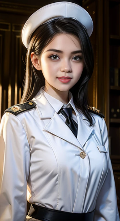 "Top CG, highest quality, smile, delicate and delicate beautiful girl, imperial pope, {{185cm big beauty}}, (tall), royal sister, military lady temperament, holy pope, fair skin, exposed chest, long legs, perfect facial features, bright eyes, officer hat, red lips, beautiful and cold, {{big breasts}}, beautiful and handsome, long blue hair, officer epaulettes, see-through visible skin, {{girl in red army coat}}, super detailed, { Blue lines on clothes}, delicate glowing eyes, crop top, white and blue leather clothing, tight leather clothing, 4K picture quality, urban beauty, modern urban, realistic portrait,