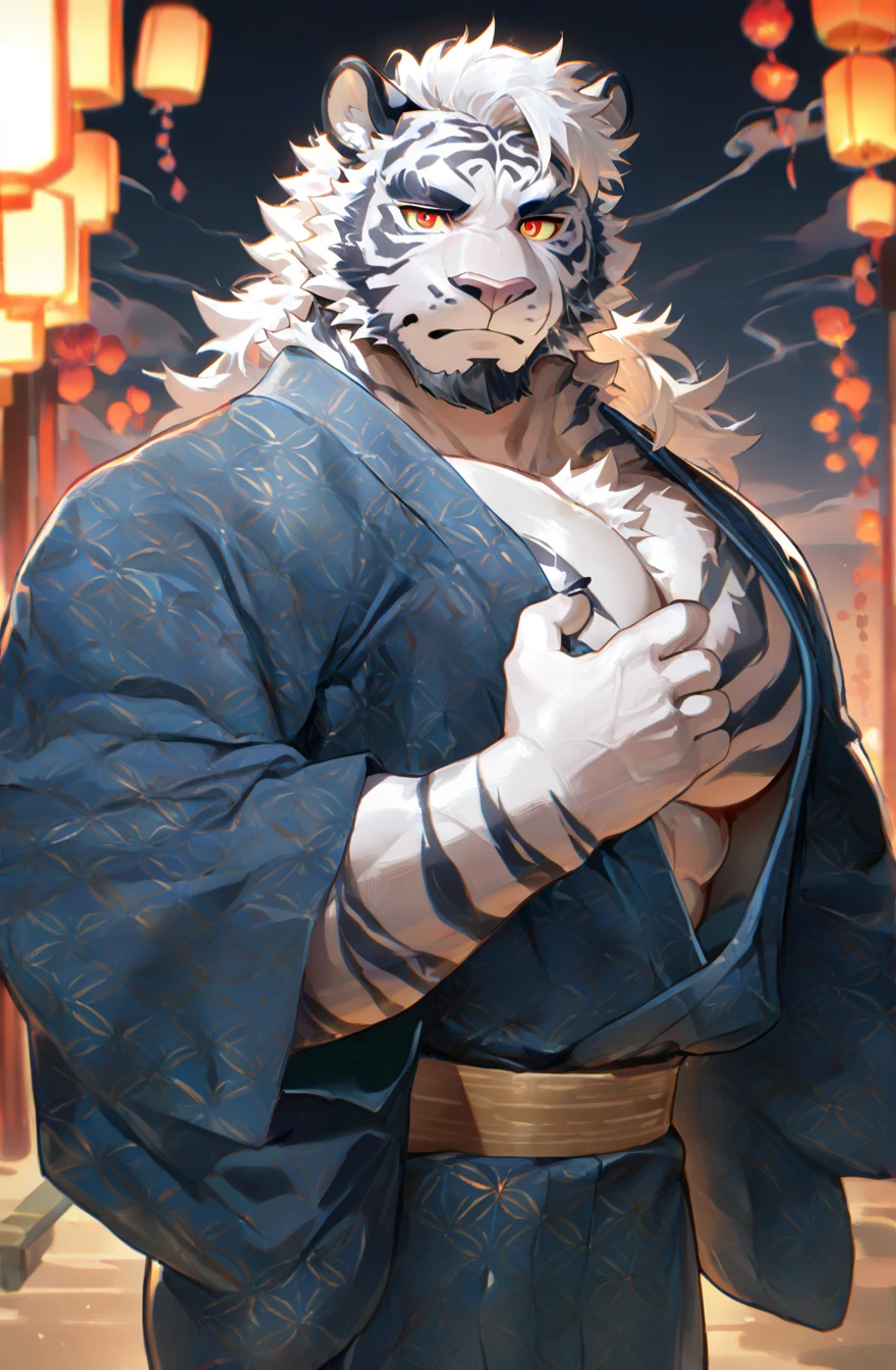 human nature((dramatic))epic, dynamic poses, dynamic angle, a scene in, Extreme perspective and powerful composition, ridiculous, (super detailed), sharp focus, Genji, Eye, black Eye, hairy, white fur, Black and white fur, Blackbeard, human nature (White Tiger), male, middle aged, white body, white belly, muscular, super detailed face, (delicate Eye), 1 boy, in the house,face camera,blush,(Shyness 1.3),Lying in bed,(disheveled 1.4),(1.2)motion blur, (best quality), (masterpiece), high detail, high quality, Award-winning, high resolution, HD, 16k, Yes, (close up:1.5)