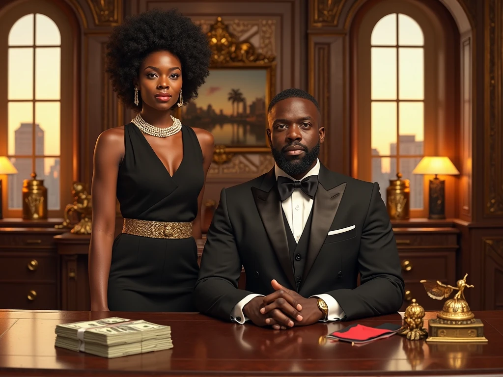 (photorealism:1.2 A plus-size, curvaceous BBW woman in her mid-30s with a dark-skinned, melanin-rich complexion sits confidently in a high-end private office. She exudes power, wealth, and authority, embodying a matriarch findom goddess persona. Dressed in luxurious designer clothing—a form-fitting, elegant dress paired with high heels and adorned with gold jewelry—she holds a hanging crystal pendant, swinging it rhythmically to hypnotize a white male seated across from her. The man, wearing a business suit, gazes intently at the pendant, his expression a mix of awe and submission. The office is lavishly decorated with plush furniture, a grand desk, and rich mahogany wood, emphasizing a setting of opulence and control.