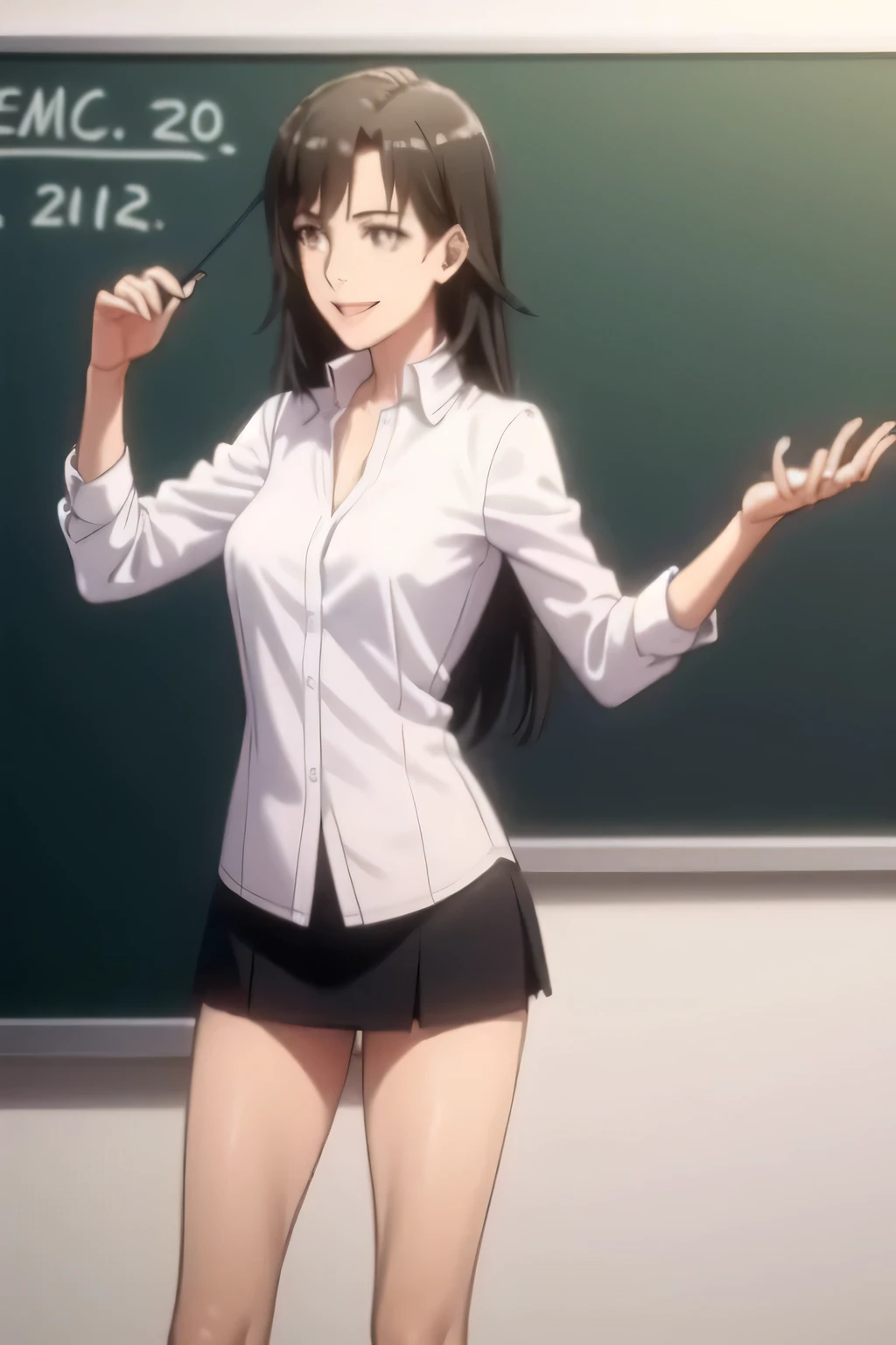 Can you draw a teacher standing in front of a blackboard，Instructor，，white blouse，navy blue miniskirt,，OL ，long black hair，Let's draw a more delicate expression，Smiling lovely woman，,don't crop your face，Accurate representation of hands and legs，