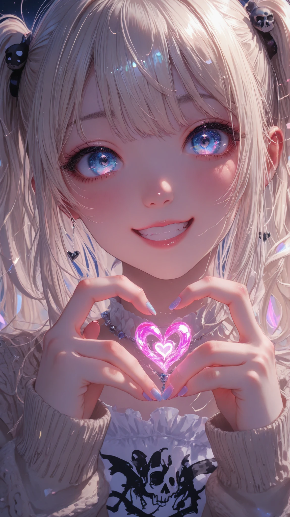 heart hands, 4-Finger Heart Hands,perfect hands,solo,bangs,eye focus,face,close-up,sparkle,looking at viewer,glowing,eyelashes,eye_focus,hand,Dynamic lighting,HDR,split leg forward bend,,29 year old female dressed in an oversized cream cardigan and a black skull shirt. Her platinum blonde hair is in ringlet curls down to her shoulders. She is fair skinned with beaming blue eyes. She is bright and cheerful, with a sly grin. full body, Vibrant and deeply saturated colors. Color bleed background. Jade Carver. Oil painted. ArsMJStyle, impressionism. Upper body. Glitchy gradientd style DLSR style, grainy noisy interference banding hologram