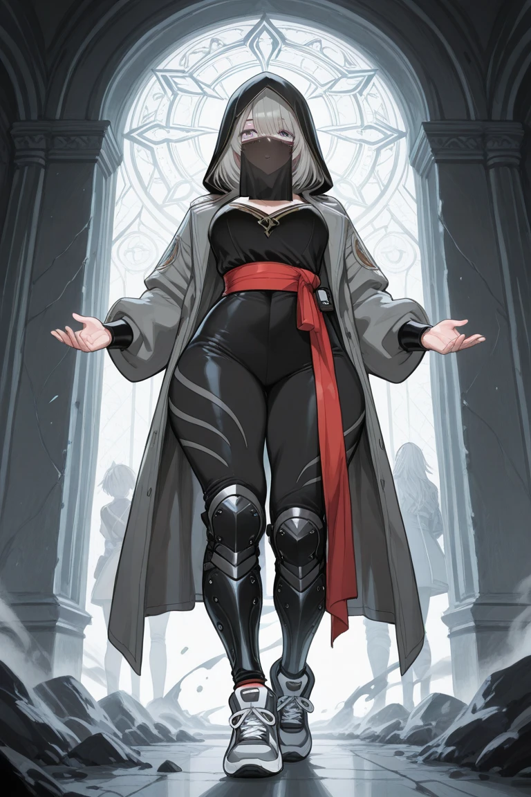 (masterpiece, Best Quality, absurd, 4k, Aesthetic, detailed, Intricate, perfect lighting) cinematic angle, 1solitaria, Sitting on the throne, elbow rest, castle interior, face mask, hood, layer, belt, armor, Cloak, red gloves gauntlets, corona