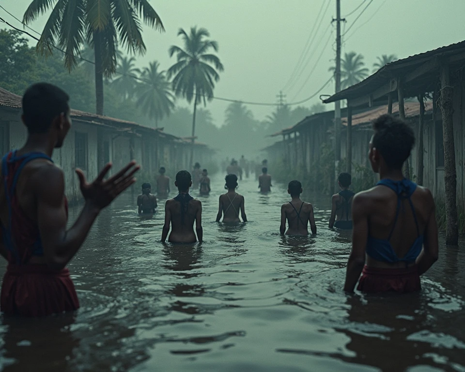 All around, everything is submerged in floodwaters. People are drowning, with many floating and struggling to stay afloat. Children, the elderly, livestock, and birds are dying and being carried away by the flood. Many are swimming desperately in an attempt to survive