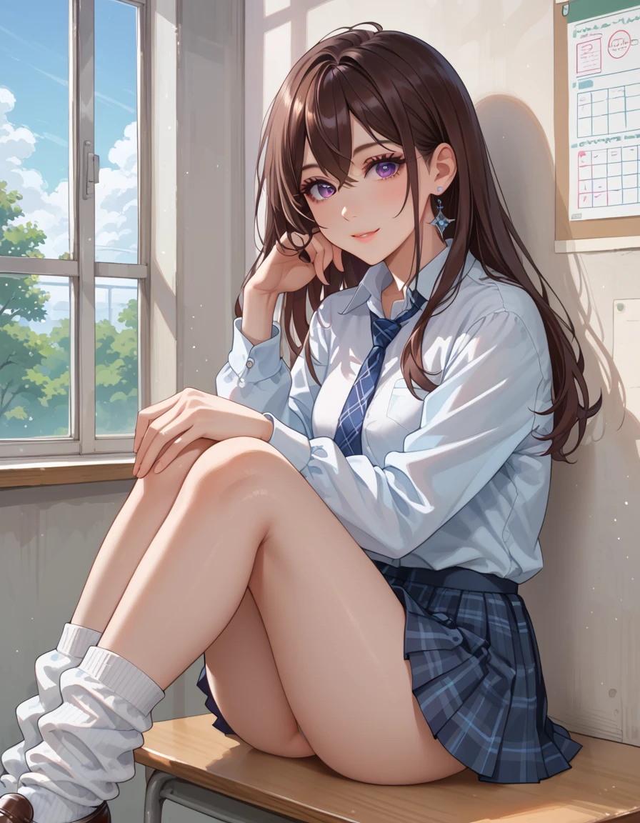 (masterpiece:1.2, top-quality), (), beautiful illustration, (natural side lighting, movie lighting), nsfw, 
looking at viewer, ,, , perfect face, cute and symmetrical face, shiny skin, 
(long hair:1.5, side ponytail:1.4, brown hair), bangs pinned back,  (large breasts:1.6, thick thighs), 
beautiful hair, beautiful face, beautiful detailed eyes, beautiful clavicle, beautiful body, beautiful chest, beautiful thigh, beautiful legs, beautiful fingers, 
light grey collared shirts, dark grey pleated mini skirt, , grey plaid bow tie)), 
(beautiful scenery), school, (squatting, ), (lovely smile, upper eyes), 　Leg spread, ,front view, (from below:1.3) 　I can see her hip, 　Down to the toes　( watching at Viewer:1.3) 　from the front　, squatting, , closeup to a clotch,hugging own legs, from the front, Flip up the skirt　smile　　school uniform,Underwear is visible,big breasts,white underwear,