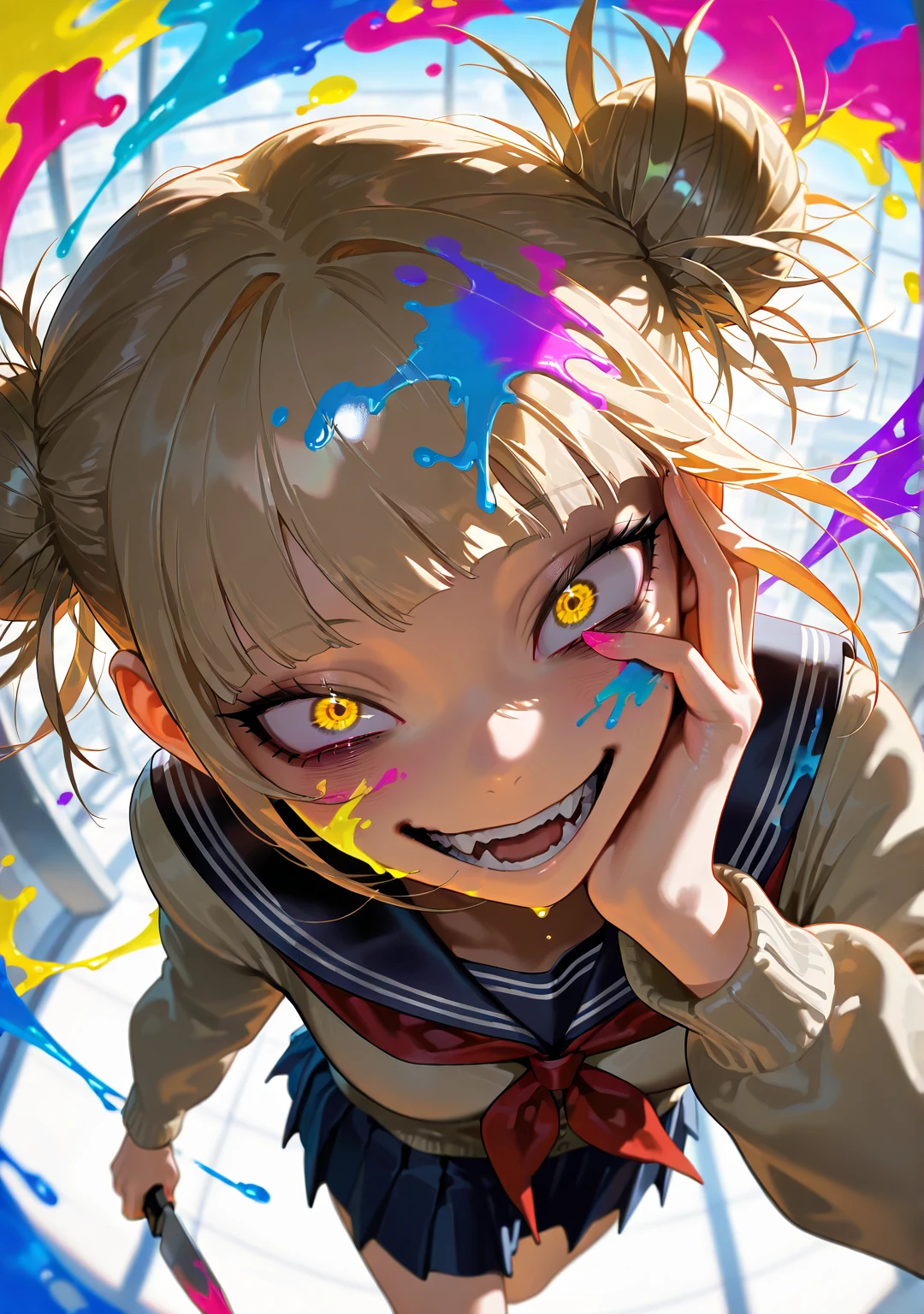 masterpiece, best quality, amazing quality, very aesthetic, absurdres,  newest, scenery,  1girl, toga himiko, teeth, open mouth, blood on face, smile, double bun,  crazy eyes, holding knife, hand on own cheek, upper body, school uniform backlighting, from above, dutch angle, , close-up, photorealistic, dutch angle, (colorful), from above, (((paint splatter))),fisheye, , masterpiece, best quality, amazing quality, very aesthetic, absurdres,  newest, scenery, volumetric lighting