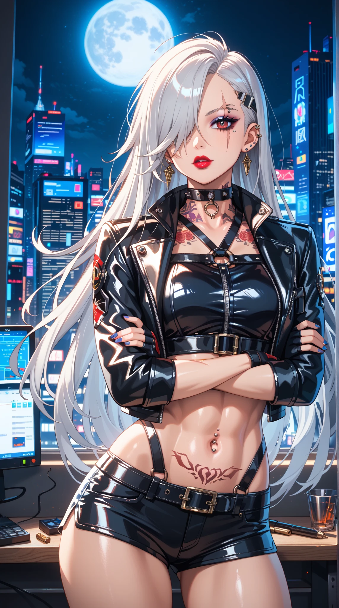 最high quality、best image quality、masterpiece、girl((20-year-old、 By becoming、vest bust、medium bust,wide open breast tea、shining eyes, light blue hair、long hair、thin,highest valley、ponytail、action of looking up、right arm bandage、Black shirt with wide open chest、berry shorts、cool pose、holding a black smartphone、Cyber Sunglasses)),high quality、beautiful art、background((cyberpunk city、punk house))、Flight、debris flies、Depth of written boundary、movie、visual art、perfect art、8k,genuine、