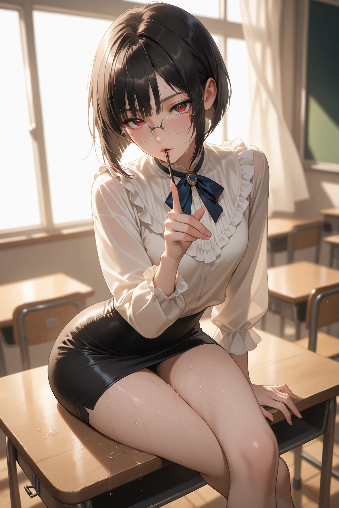 absurdres, RAW photo, extremely delicate and beautiful, masterpiece, Best Quality, ultra high resolution, 32k, hyperrealistic, ultra-detailed, delicate facial features, beautiful detailed woman, tearful mole, earring, medium breasts, (full body shot), medium hair, black hair, (school_uniform), blazer, skirt,