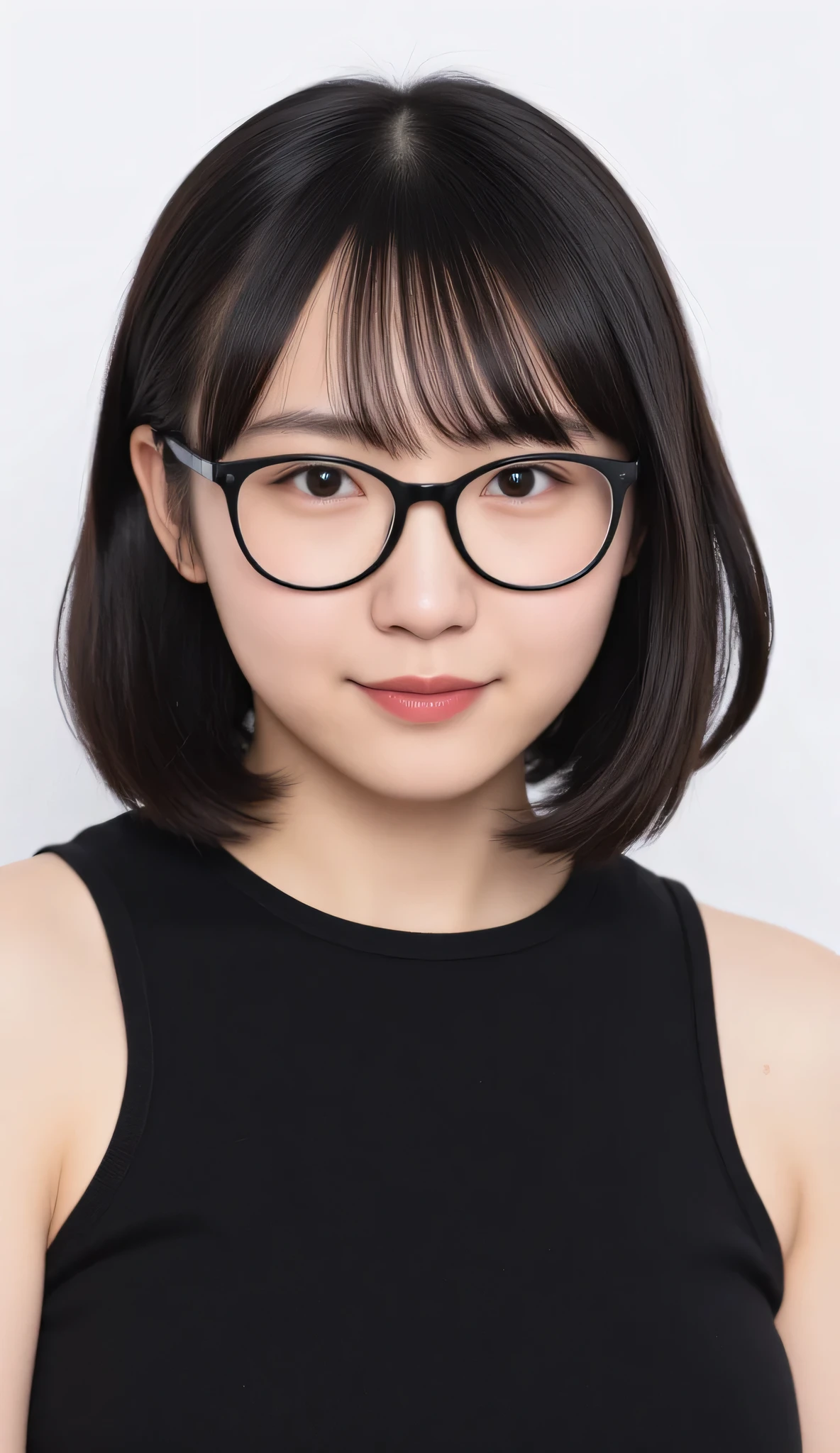 1girl, Solo, High Resolution, Masterpiece, Anatomically Correct, Accurate, real proportions, detailed skin, detailed face, Best Quality, real life style, black hair, bob hair, glasses, black clothing, portrait