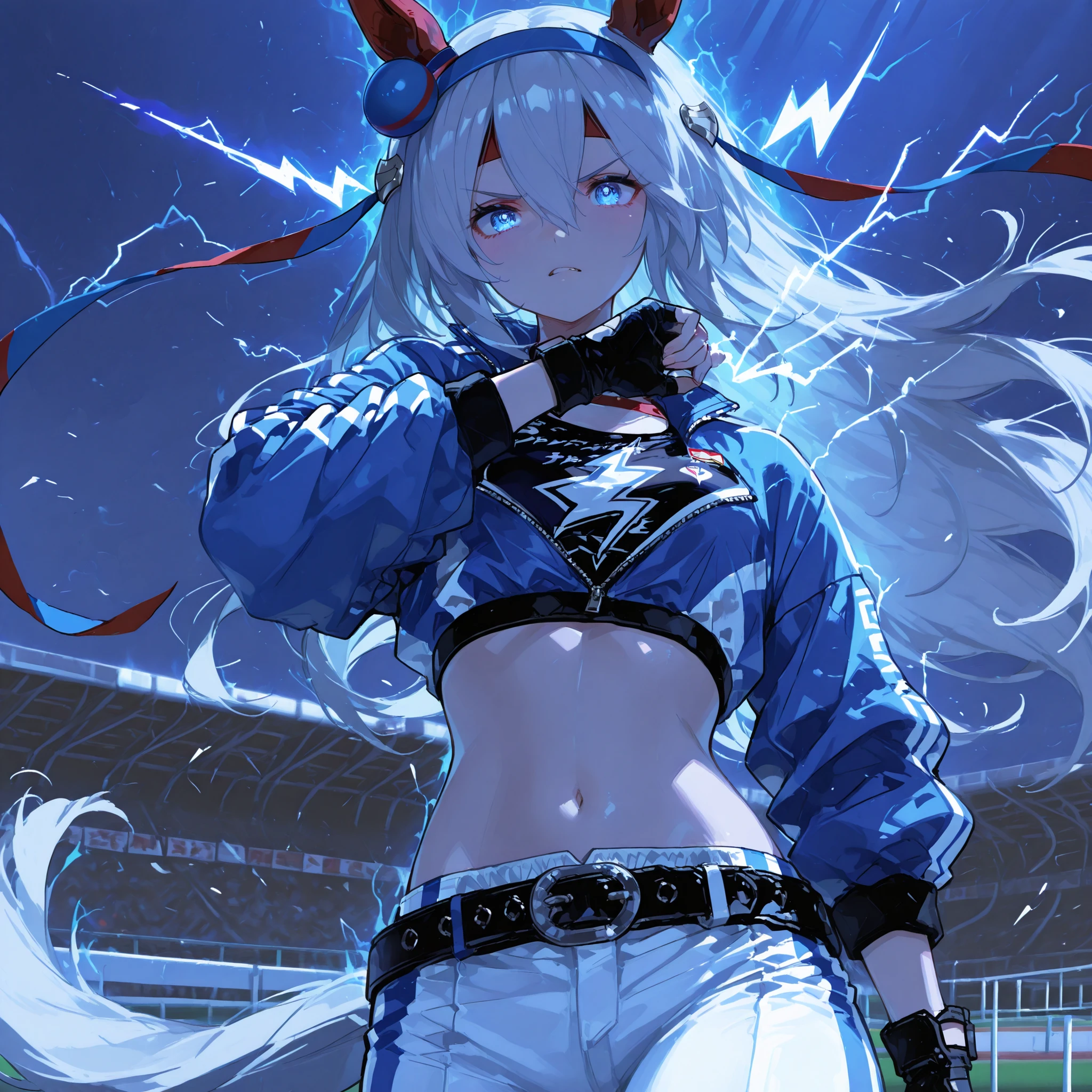 tamamo cross(Uma Musume), wearing her race outfit, R4CE,blue jacket,white pants ,belt,crop top,navel,midriff,lightning bolt symbol,fingerless gloves , intense and determined expression, surrounded by a cool dark blue aura, swirling energy and fighting spirit, hair and outfit flowing with wind, moonlight racetrack in the faint background, cinematic lighting, anime style, highly detailed, 4k resolution