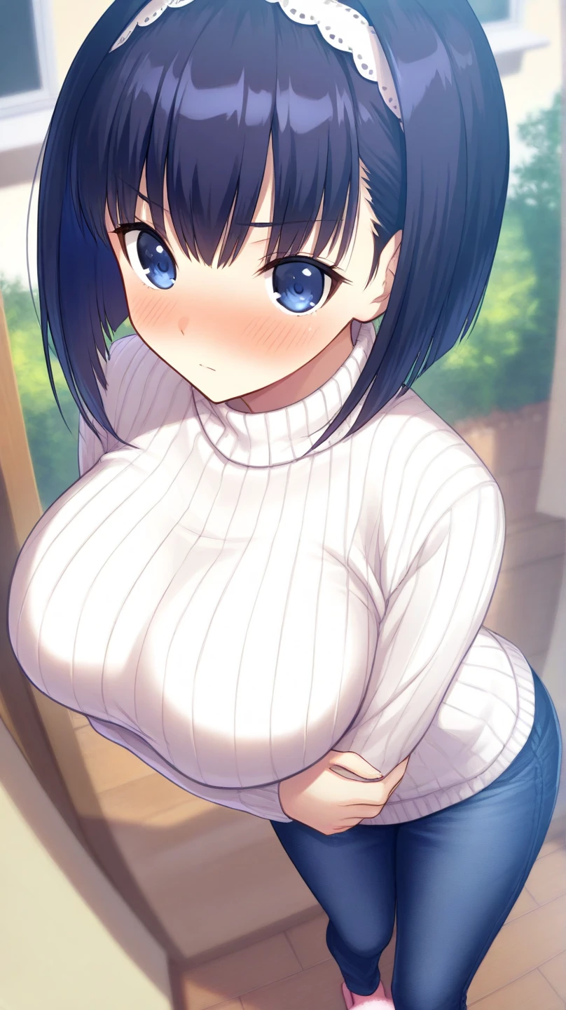 20-year-old,1 Girl, Extremely thick thighs, Surreal, 8K, (Extremely detailed 8K), (Very delicate and beautiful), (masterpiece), (Better Quality:1.0), (Ultra-high resolution:1.0), (masterpiece, Highest quality), cute,Black Hair,Big Breasts,Leaning forward,ponytail,Upper Body,throw,Embrace your chest,Overalls,full body