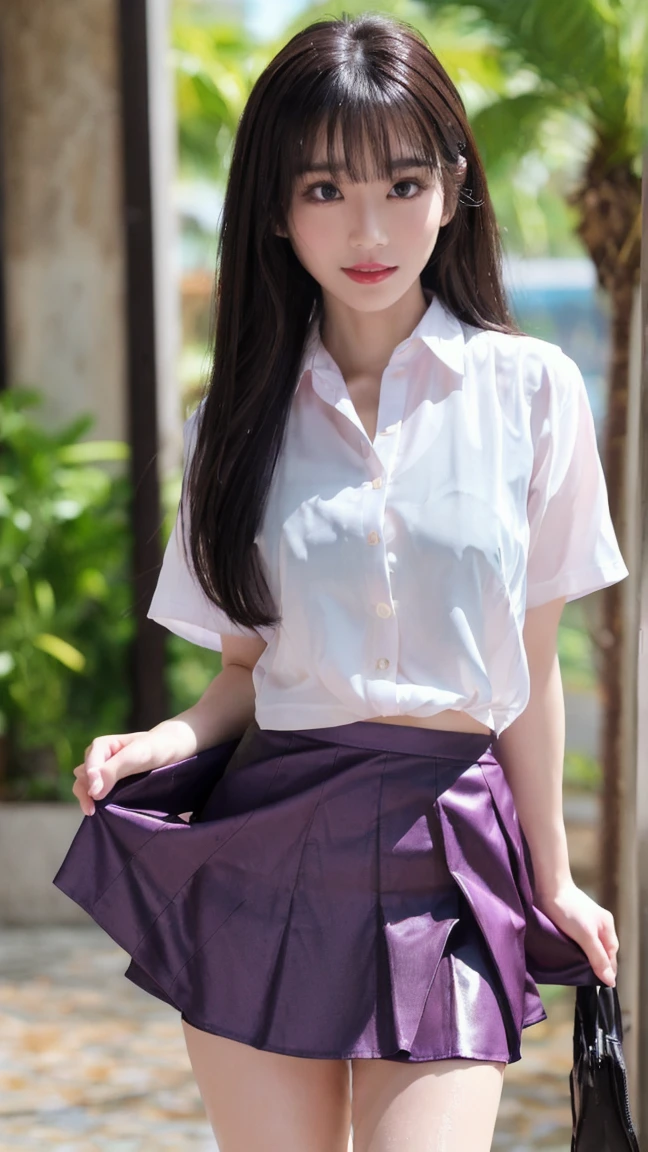 the Extremely Detailed CG Unity 8K Wallpapers、top-quality、ultra-detailliert、​masterpiece、realisitic、Photo Real、extremely detailed cute girl、sixteen years old，((skirt lift by yourself))、(large full breasts)，((Stripped string panties))、red blush、looking at the viewers、(full body Esbian)、(Japan High School Uniforms)、(big crowd)、(Crowded city)、short cut hair，(pubick hair) parinithi chopra