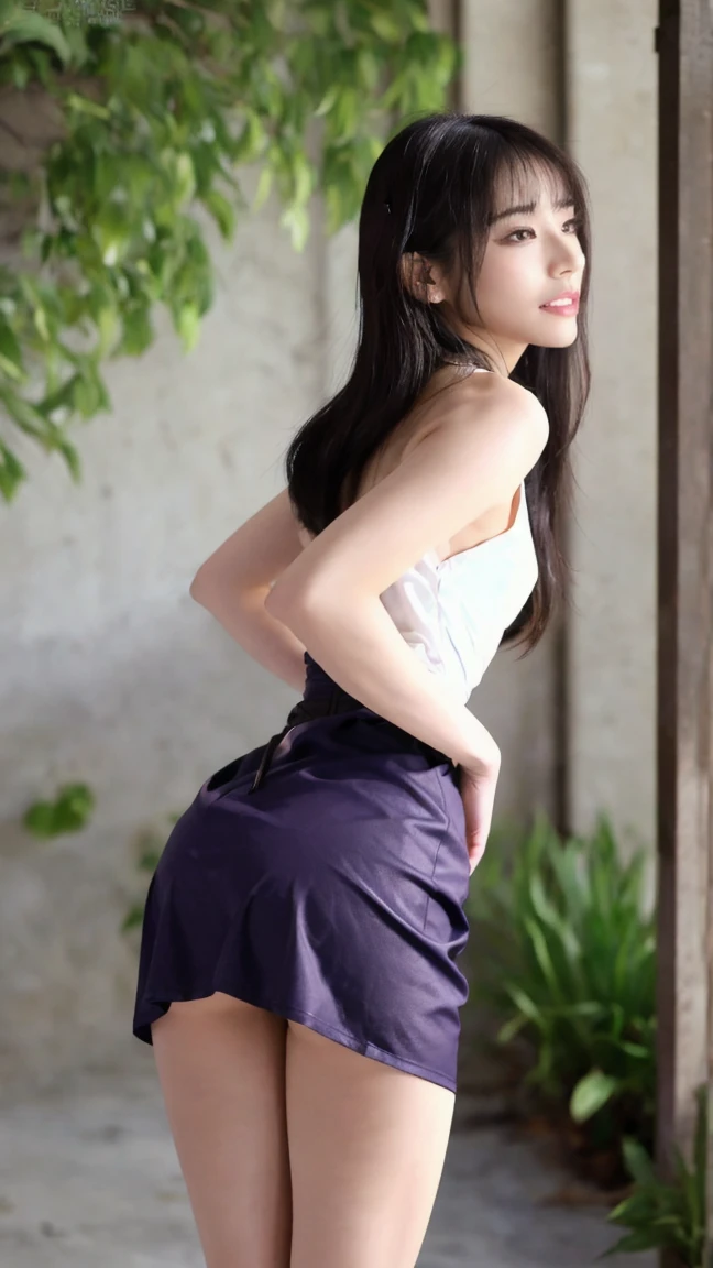 ((top quality women, 45 years old, short black wavy hair、bangs、plump nipples、(White Turtleneck Knit)、(blue long skirt), black stockings dium milk, cute smile、((Pose that emphasizes the buttocks、looked back))、sexy hips、black high heels、、((((the wind blew my skirt, expose my panties...))))、(Light blue lace panties)、cute earrings、(Please tilt your head slightly)
