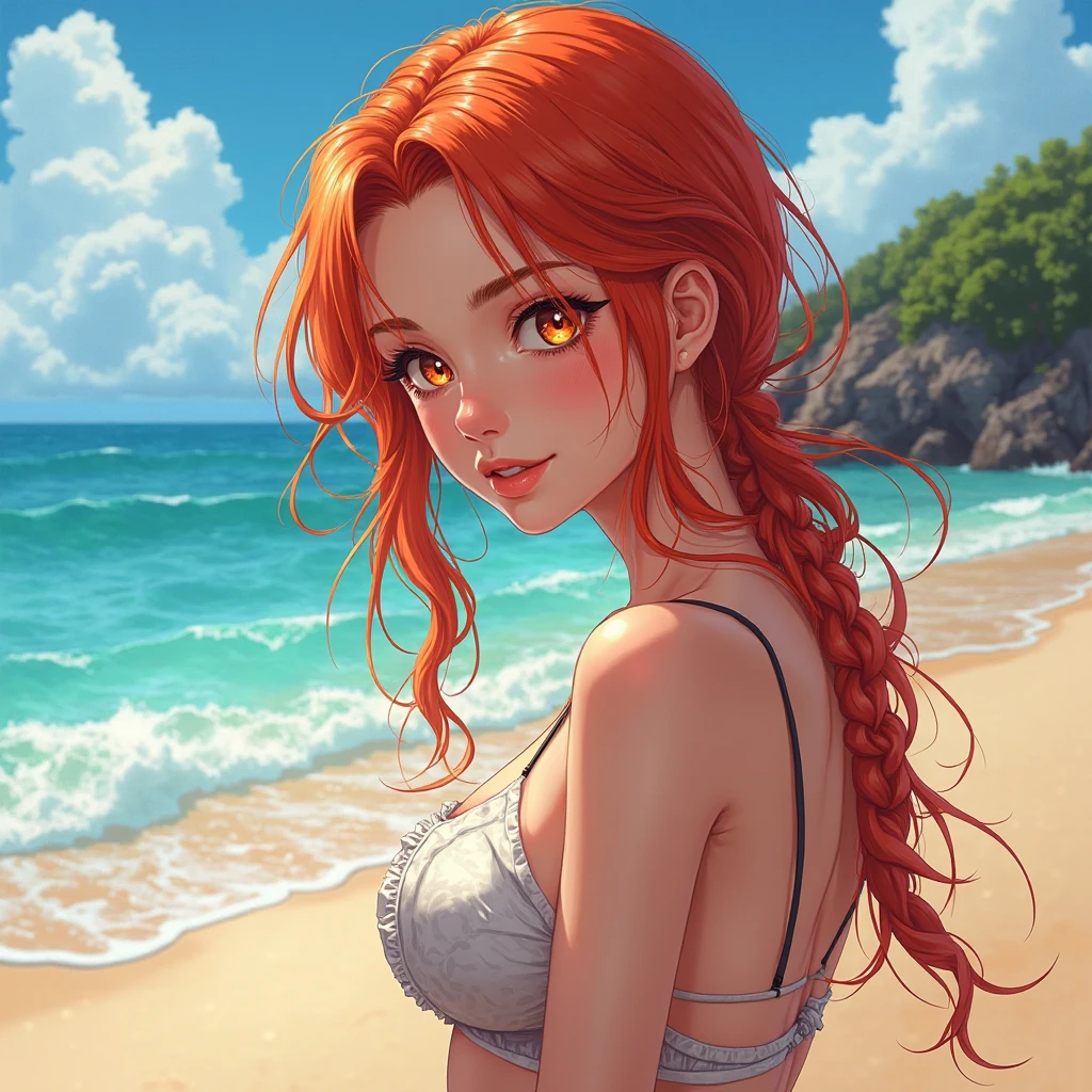 ultra realistic 8k cg, masterpiece, ((ultra detailed background, delicate pattern, intricate detail)), (highly detailed, fine details), best quality, (photorealistic:1.4),beautiful lighting, absurdres, RAW photo, film grain, ((medium breasts, slim girl)), NamiChan, 1girl, orange hair, solo, long hair, jewelry, ((medium breasts, slim girl, bikini top only, jeans, left shoulder tattoo)), brown eyes, smile, earrings, cleavage, bracelet, collarbone, navel, (complex detailed background, outside, beach environment, sunny, nature), ((close-up, portrait)),
<lora:BeautifulDetailedEyes:0.4>, <lora:DetailTweaker:0.5>, <lora:NamiChan9:0.8>