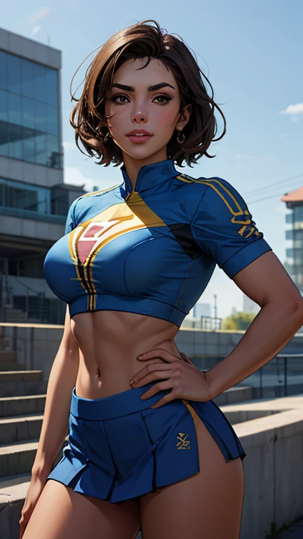 mulher parda brasileira bronzeada, camisa de academia com a bandeira do brasil estampada. Corpo fitness. definition muscular. Seios grandes. Fundo da imagem desfocado