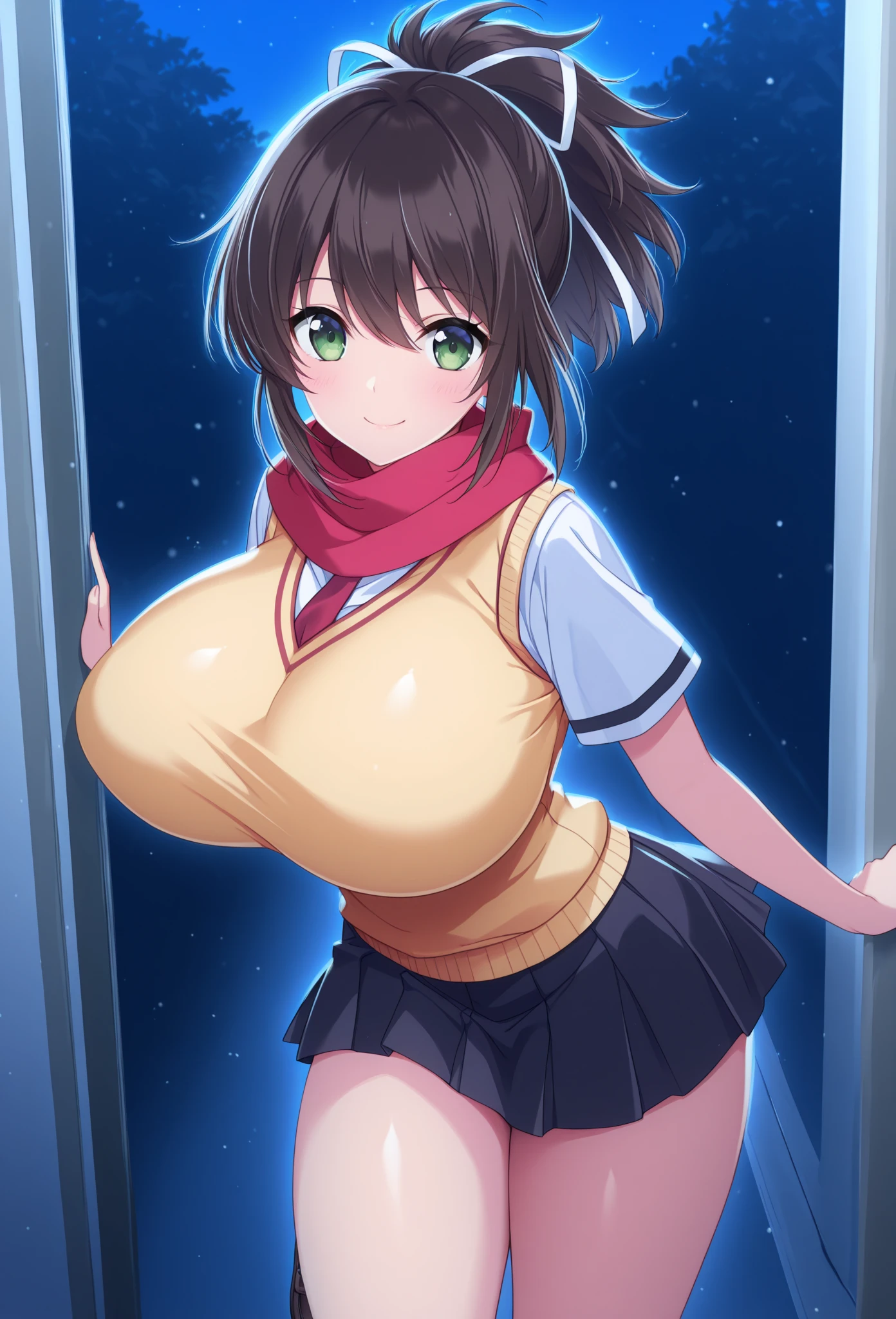 (Perfect body),Best Quality,(8K Portrait),(anime screen cap)、(nsfw)、(Police Hat)、((Police Woman)),blush,Sweat,(((large udder)))、((bulging nipple))、(Dark hair),((bob cuts))、Yellow eyes,(((thick thighs))),((Navy Blue Micro Bikini))、((A smile))、showing teeth、one eye closed、From below、(Hands behind the body)、(((Surprised)))