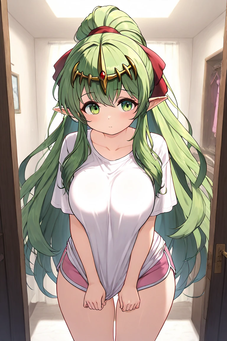 (Masterpiece, highest quality),1 elven girl, solo, breasts, looking at viewer, blush, very long hair, bangs, green hair, hair style is twin tails,hair ornament is flower, shirt, long sleeves, large breasts, sitting, closed mouth, blue eyes, collarbone, white shirt, open clothes, collared shirt, indoors, open shirt, dress shirt, elf, bare lower half of the body ,on bed, partially unbuttoned ,no bottoms