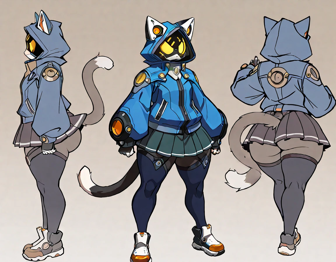 blazblue, furry cat female, big eyes ,gigantic butt ,thighs ,UP hood Coat , BLUE pupils , solo , legwear