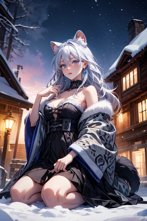 Female snow leopard human hybrid, snow leopard ears and tail, purple eyes, thick thighs, big breasts and ass, small waist
