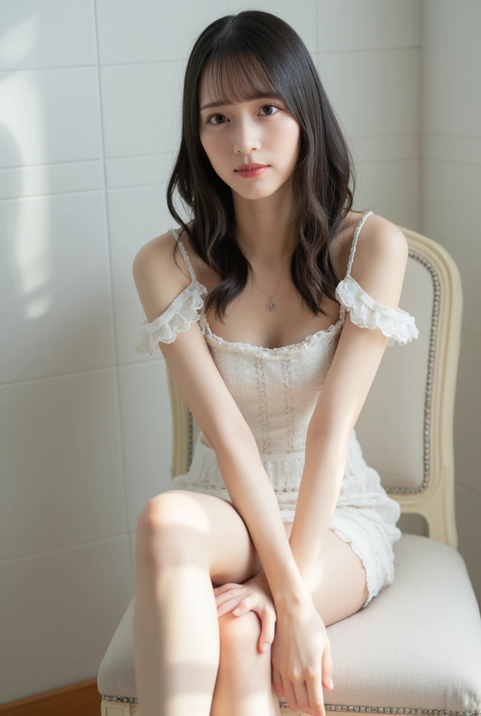Photograph showing the whole body。She has her legs crossed。(Long, slender legs:1.3)(RAW Photos, highest quality), (Realistic, Photorealistic:1.3), Tabletop, Crying face, Very delicate and beautiful, Soft Light, (Brown Hair, Straight shoulder-length hair fluttering in the wind), Beautiful detailed girl, Highly detailed eyes and face, Beautiful and detailed nose, Fine and beautiful eyes, (Crying face:1.3)1 girl,Pure beauty, cute,, (Small breasts:1.2), Realistic face, Realistic body,Full body photo、Wearing a wedding dress。She is in the church。