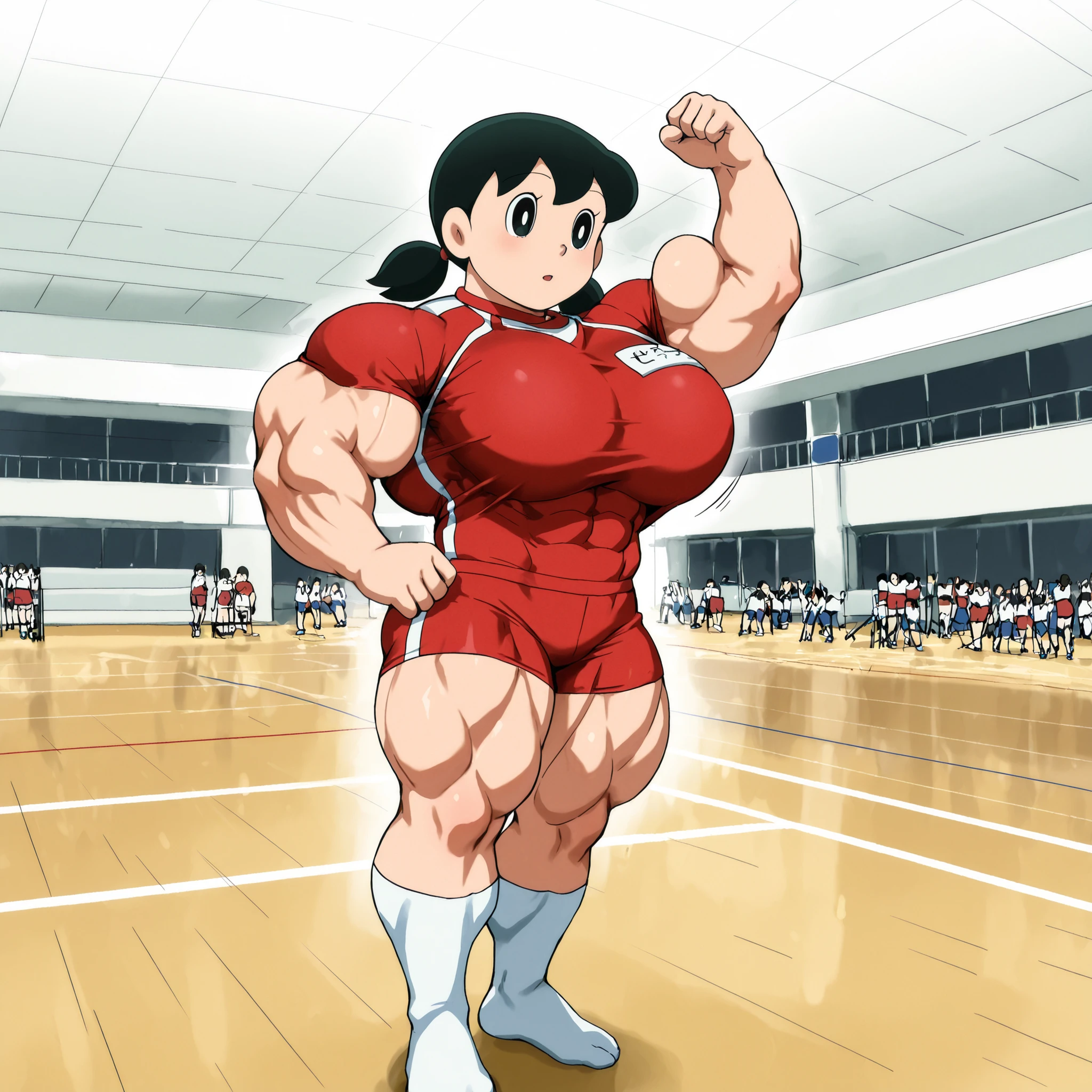 score_9, source_anime, rating_safe BREAK 1girl, solo, minamoto shizuka \(doraemon\), black hair, low twintails, short twintails, black eyes, white solo, long Shot, long shot, big pec's, over-sized breast, Gym instructer uniform, no shoe's, upper body shot, long shot, tight ten pack abs, big shoulder's ,Big leg's, Thick muscle thigh, calvs, detailed muscle's, detailed muscle's, lat spread, big bicep's, full body, gym, full of people, indoors , masterpiece, TOP QUALITY, amazing image quality.