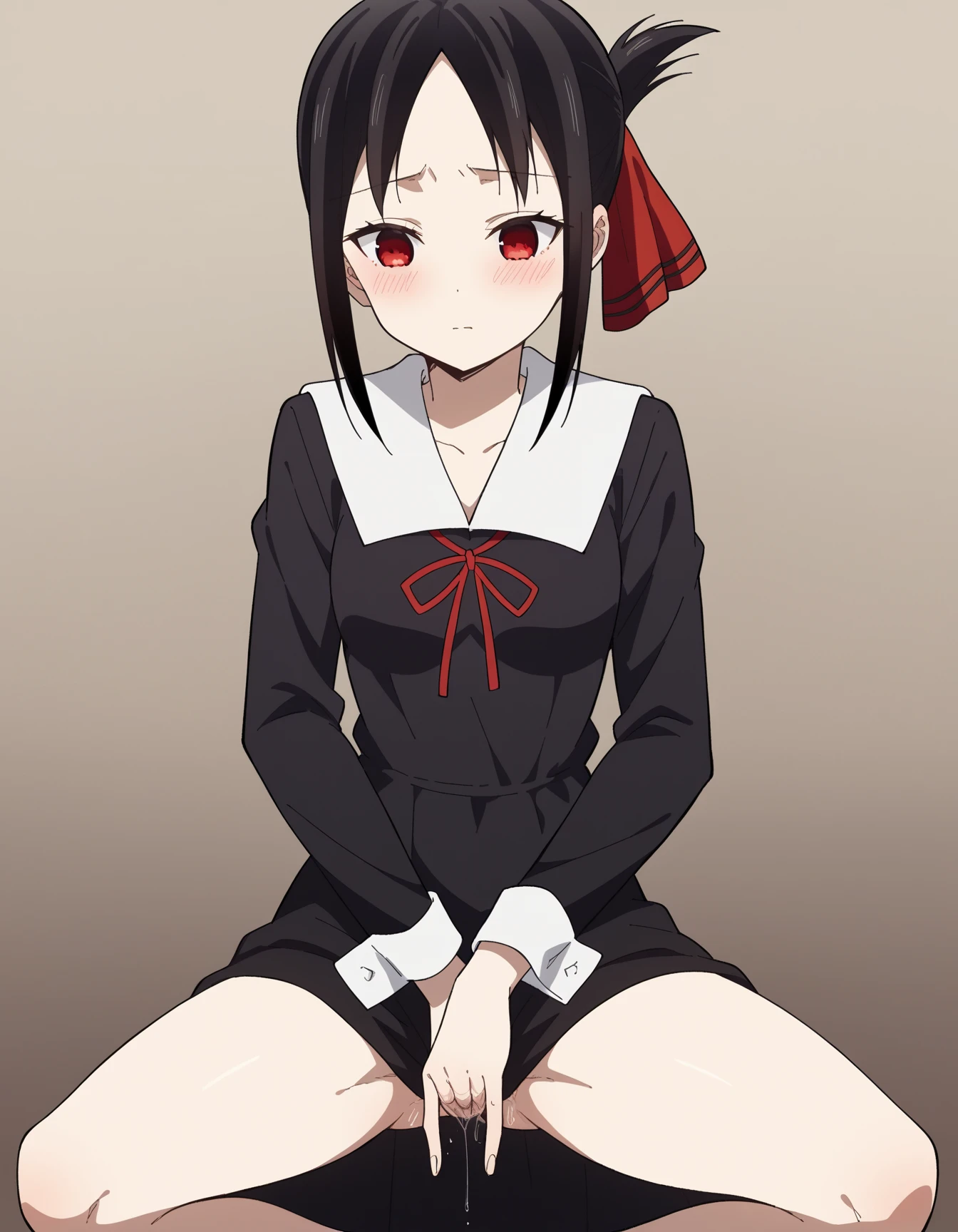 Shinomiya Kaguya, Shinomiyakaguya, Red eyes, small breasts, list brook, black fur, Red eyes, naked, saliva, drooling, sweat, suggestive pose, collar for cats, hand near mouth, expressionless, whole body, crouched, legs open, M-shaped legs