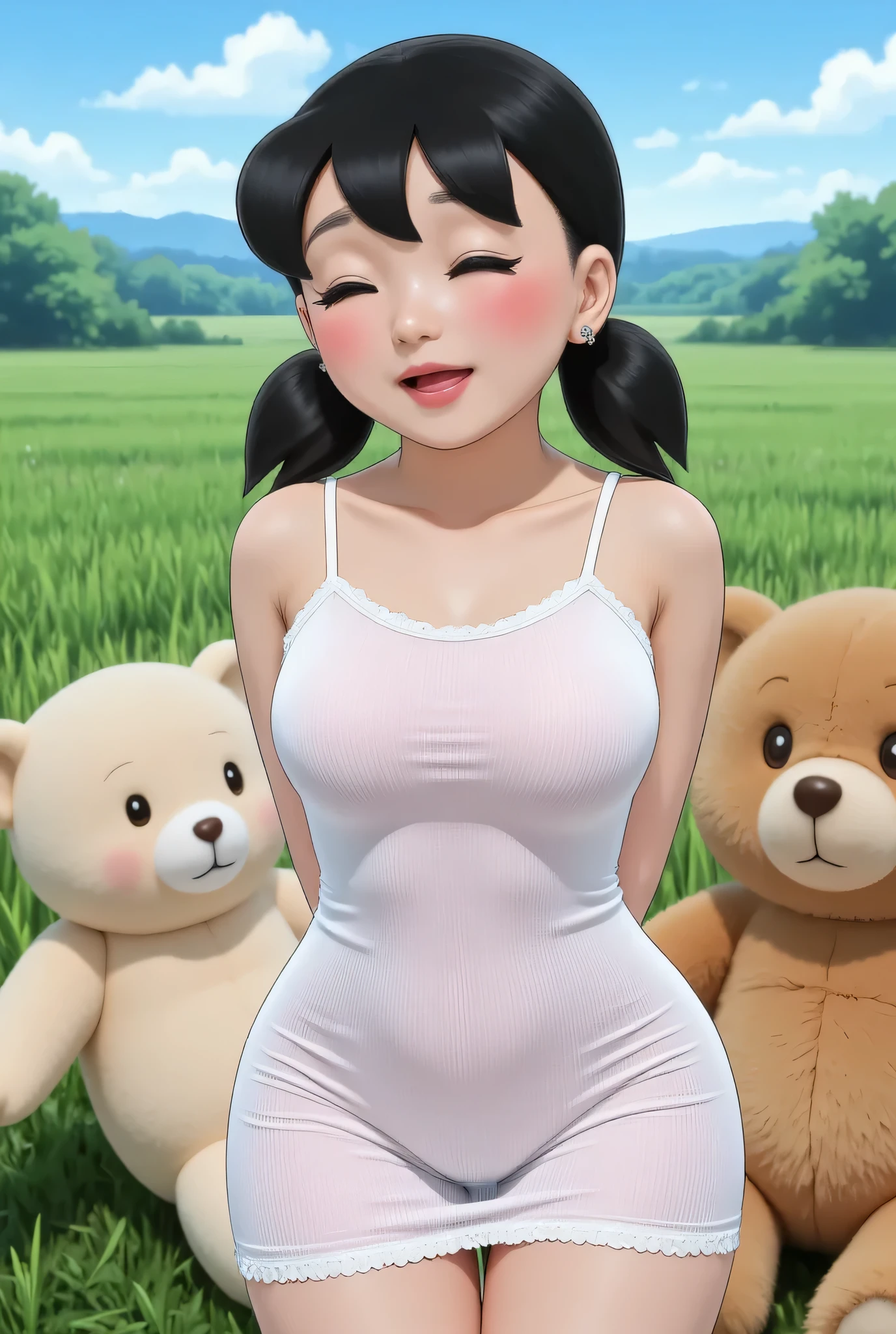 Visible female panties, front posing, ("Facial expression in Happy big Orgasm"), Both hands lying behind the back, (photorealistic:1.6) ((Indonesian hijab)), background rice paddy. daytime atmosphere, (((please don't showing any finger!!!))), (BARING DIATAS TIGA HUGE TEDDY BEAR)), hands behind back, Look from the front you are stupid!, wearing Fully transparent bright white unbuttoned corduroy tight strapless dress. (blink pink eyeshadow & pink eyeliner) PLEASE DON'T PUT ANYTHING ROPE AT MY CLOTHES!!!. BOTH HANDS PLACED BEHIND THE BACK , SILFOE PHOTO. BIMBO LIPS, black hair bang style long straight.