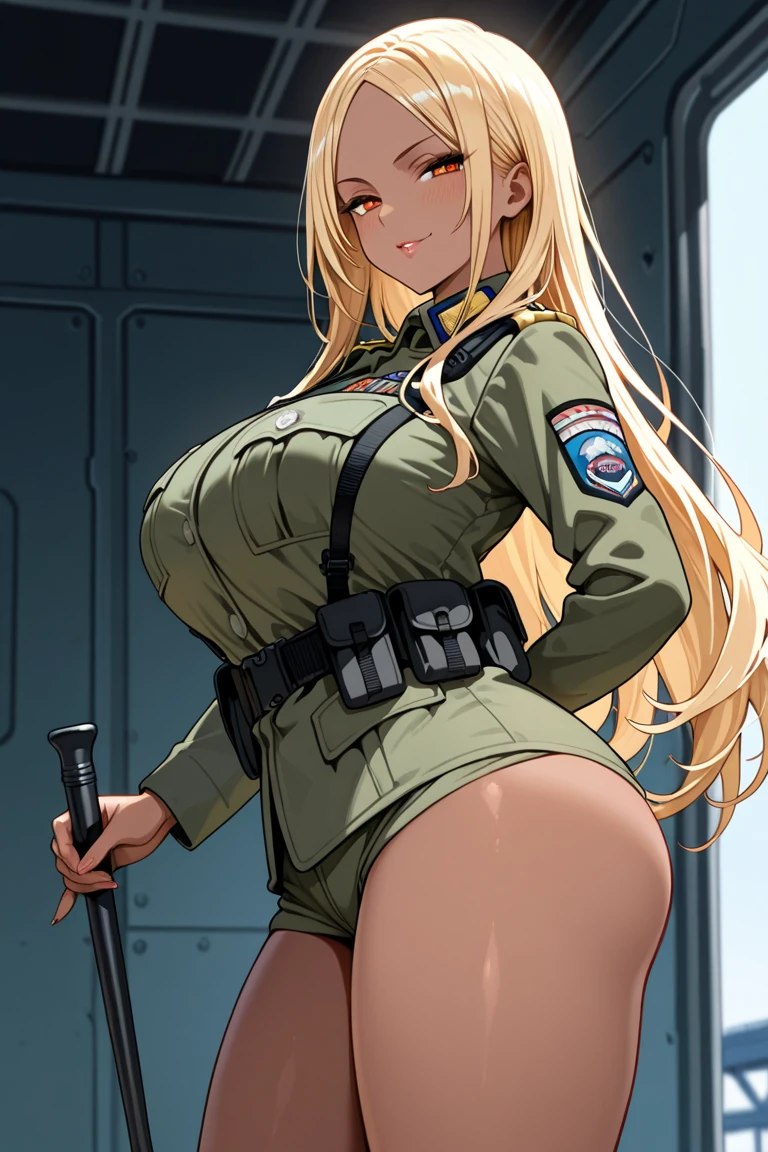 high qualiy, welded, Body with curves, army clothes, without the top, corpo bodybuilder, long hair