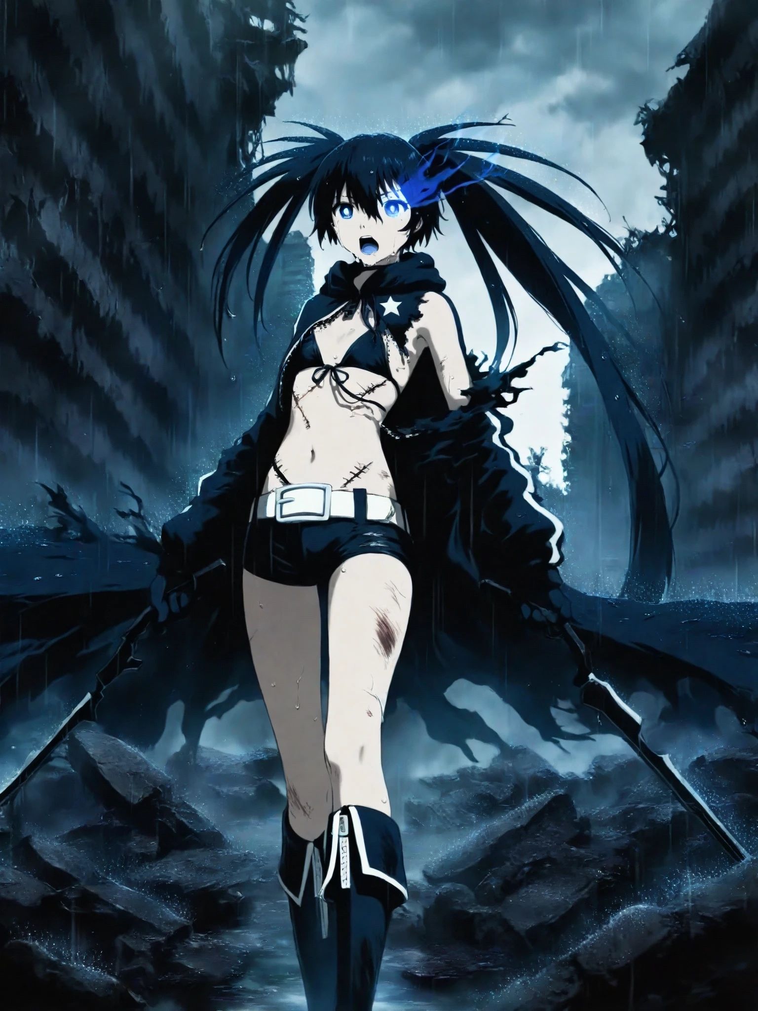 (masterpiece, best quality), intricate details, 1girl, blue eyes, black rock shooter, coat, collar, flat chest, jacket, long hair, scar, shorts, black bikini top, star \(symbol\), swimsuit, twintails, uneven twintails, ((blue fire)),flaming eye, blue fire on eye, standing