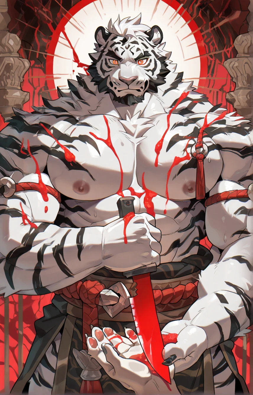 (masterpiece),(highres),(intricate details:1.4),extremely detailed,(illustration:1.2),8k,photorealistic,exquisite,,aged,elder male wolf,muscular,(general:1.7),,manhood,warrior,(black fur:1.3),long hair,long beard,(numerous scars:1.7),(badly damaged:1.7),(bloody cloth:1.9),(bulging ??????:1.8),(homosexual),(a serene face:1.9)