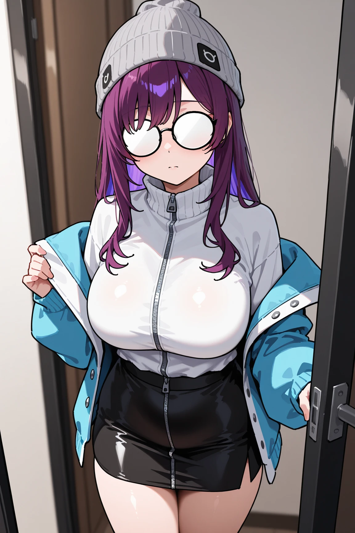 masterpiece, best quality, detailed face, detailed eyes, <lora:HUNikki:0.5>, HUNikki, black hair, long hair, glasses, hairband, large breasts, blue eyes, outdoors, park, street, lamppost, night, <lora:transparent raincoat2:1>, transparent raincoat, hood up, see-through, exhibitionism, nude, embarrassed, full-face blush, crossed arms, rain, wet clothes,