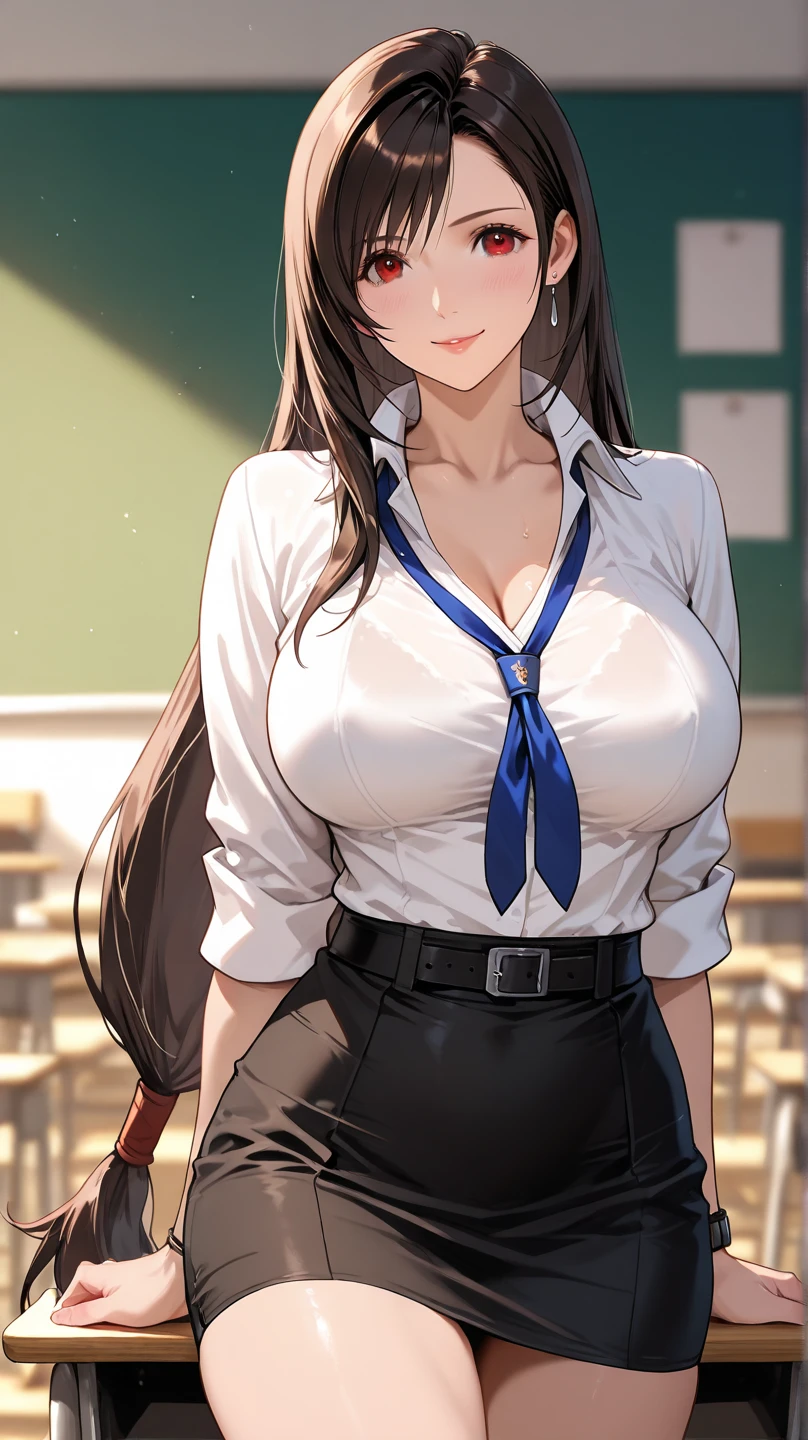 masterpiece、High-quality photos、8K、Female breasts)))Breast sagging、Low-cut(((Cleavage )))、(((Wide hips,)))(((Hourglass figure)))((Long legs)),classroom、mini skirt、、Smile、Standing