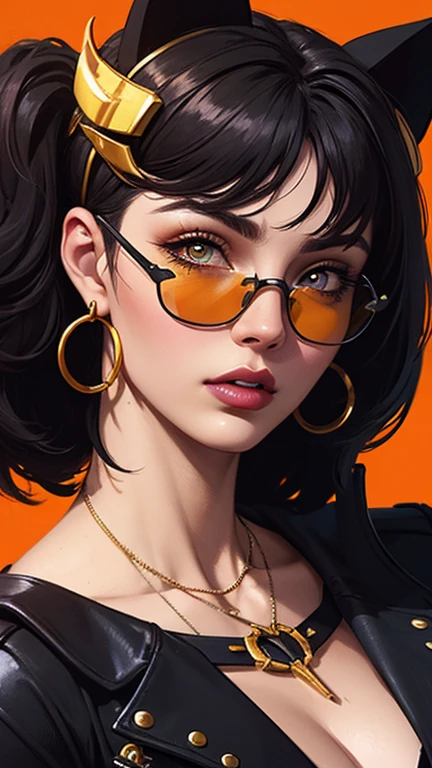 (1girll)wearing a choker,with tattoos, sunglasses, Black leather jacket,Psychedelic punk artist,Vivid colors, rim-light, trending on artstationh, Yayoi Kusama's pop art style, iintricate, High detail