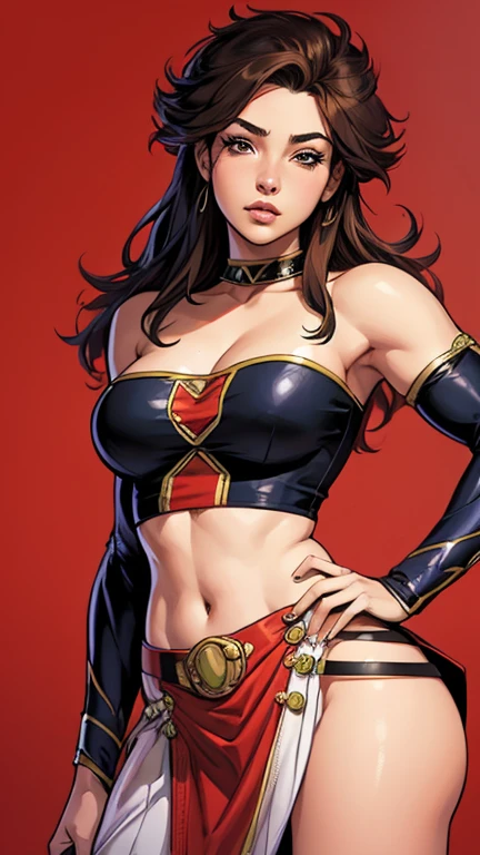 Medieval female warrior (Billie Eilish face), beautiful young face, kunoichi armor(black and red), athletic physique, big round breasts, tight bust, exposed thighs, round Buttocks, round ass, long black hair tied, light blue eyes, freckles on her face, cameltoe, destroyed village, night time