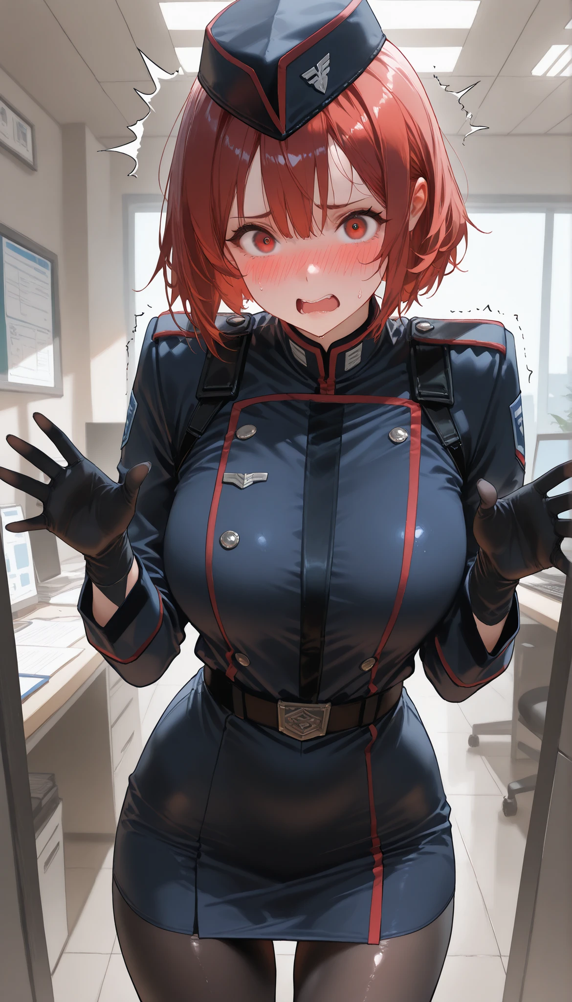 A female,Solo, wearing A Dark Blue Guard Uniform,Black silk gloves,Black pantyhose,Shiny skin,(Red Short hair),Black guard cap,Panicking, Flustered,Slim body,In Office,UHD, SOLO, anatomically correct, masterpiece, textured skin, high details, highres, 1080P, 16k, accurate,Cowboy Shot,(((look at the viewer)))