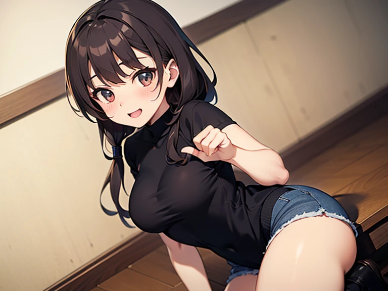 NIKKE。An illustration。girl。I&#39;in the heat。brown hair。big breasts。~ side。pubic hair。nipple。naked。exposed。Valentine。mini skirt。shy。get down on all fours。white skin。