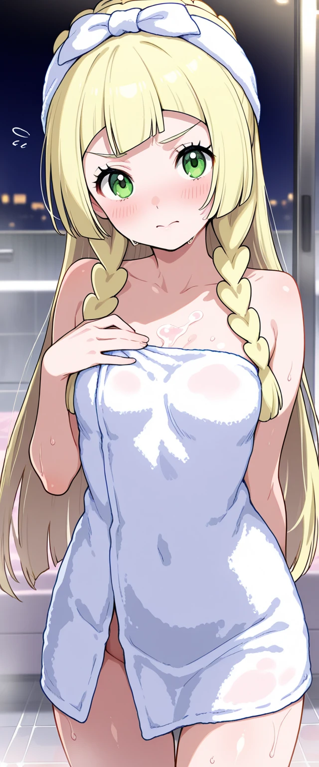 masterpiece, best quality, looking at viewer, upper body, portrait, looking at viewer, seductive smile, put your hands behind your head, armpits, armpits visible, sweaty armpits, tsunade, very large breasts, long blonde hair, cum on her armpits