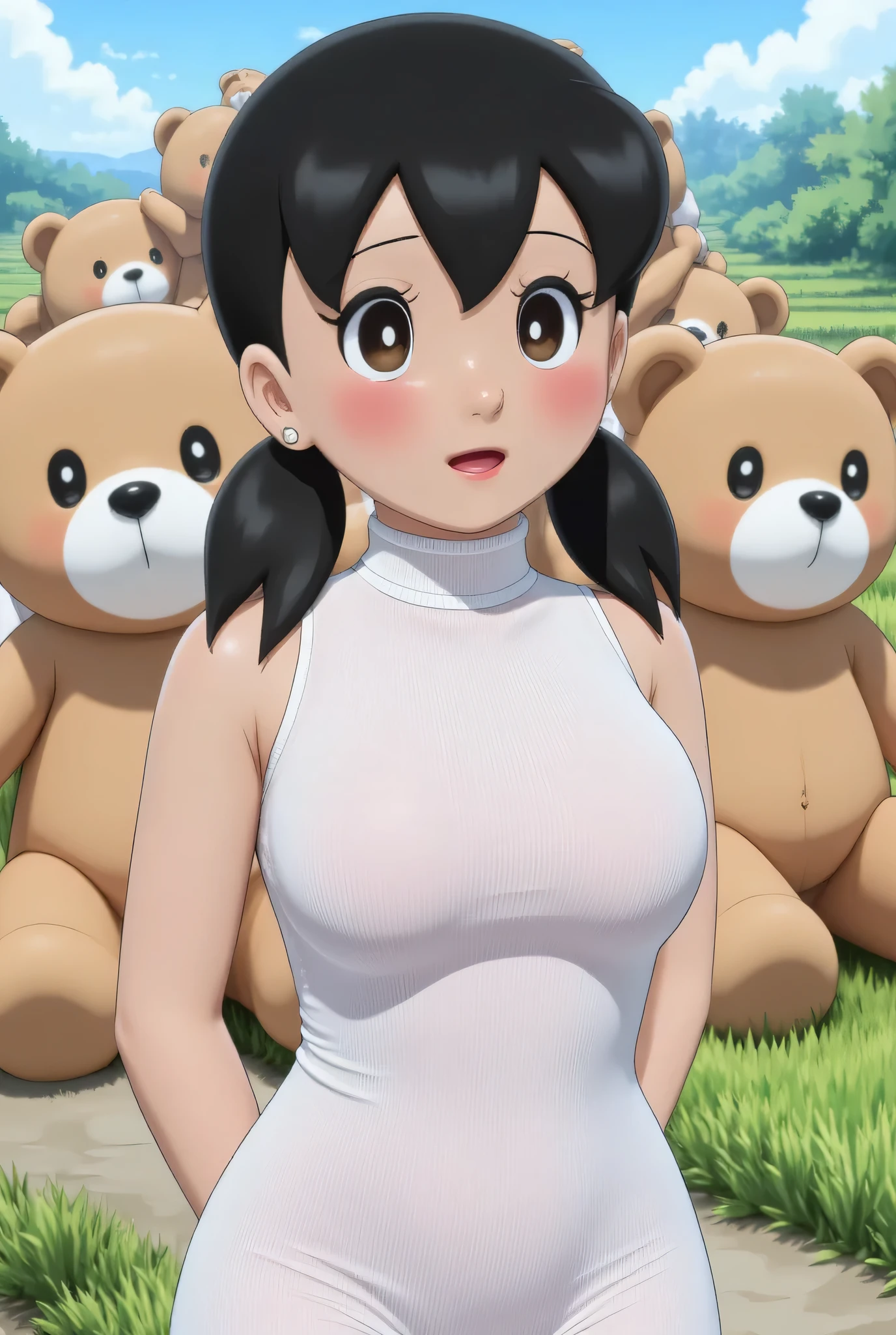 Visible female panties, front posing, ("Facial expression in Happy big Orgasm"), Both hands lying behind the back, (photorealistic:1.6) ((Indonesian hijab)), background rice paddy. daytime atmosphere, (((please don't showing any finger!!!))), (BARING DIATAS TIGA HUGE TEDDY BEAR)), hands behind back, Look from the front you are stupid!, wearing Fully transparent bright white unbuttoned corduroy tight strapless dress. (blink pink eyeshadow & pink eyeliner) PLEASE DON'T PUT ANYTHING ROPE AT MY CLOTHES!!!. BOTH HANDS PLACED BEHIND THE BACK , SILFOE PHOTO. BIMBO LIPS, black hair bang style long straight.