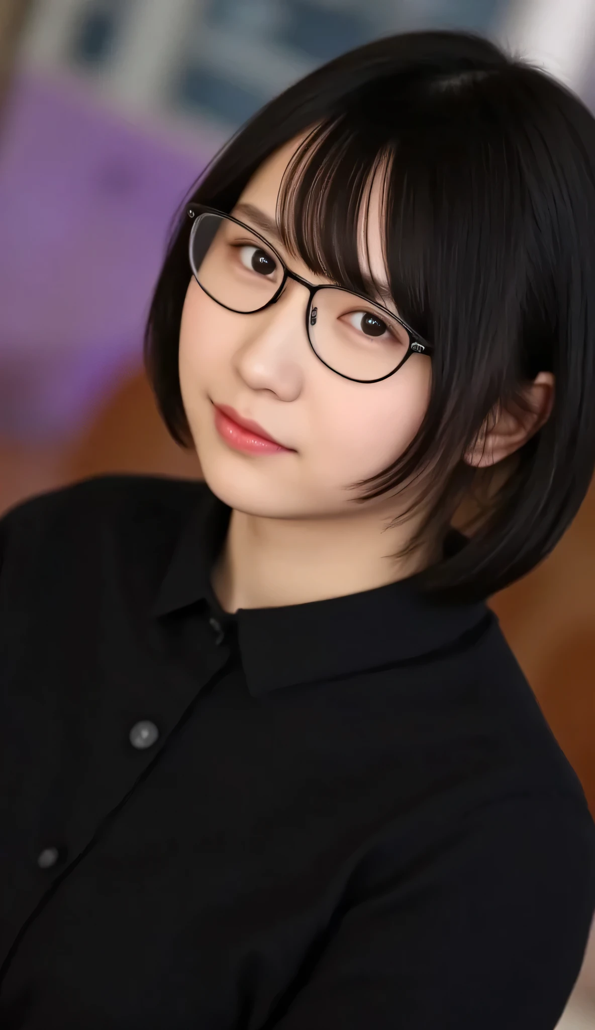 1girl, Solo, High Resolution, Masterpiece, Anatomically Correct, Accurate, real proportions, detailed skin, detailed face, Best Quality, real life style, black hair, bob hair, glasses, black clothing, portrait