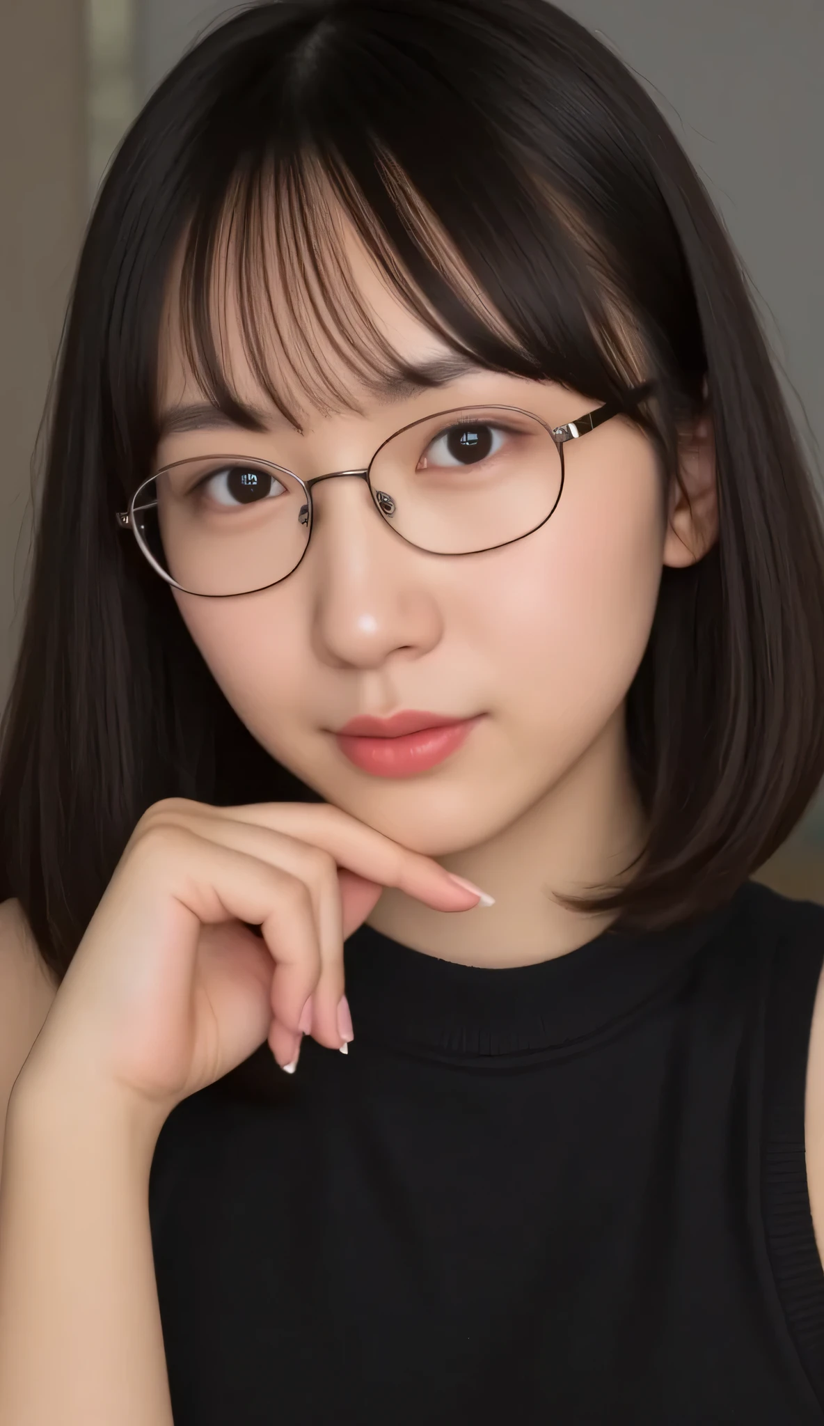 1girl, Solo, High Resolution, Masterpiece, Anatomically Correct, Accurate, real proportions, detailed skin, detailed face, Best Quality, real life style, black hair, bob hair, glasses, black clothing, portrait