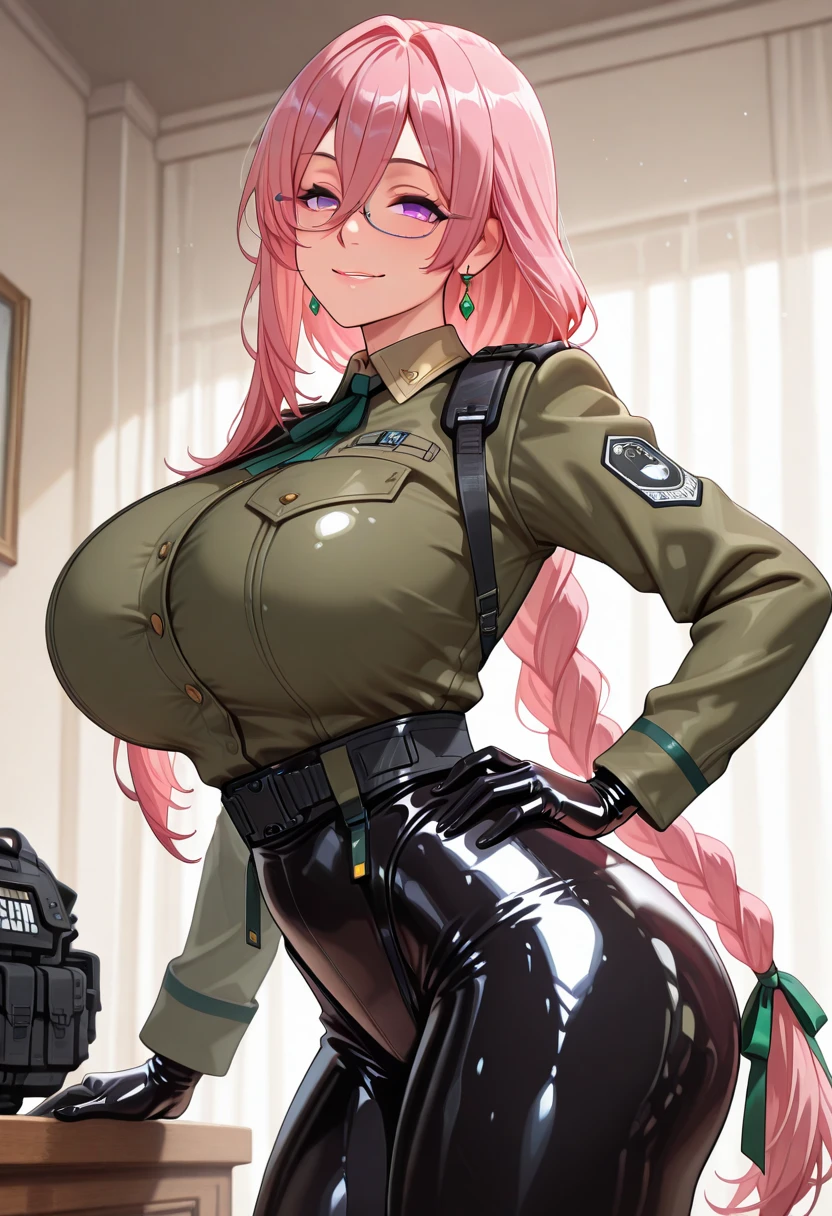 Hot sexy beautiful female special force lieutenant officer, pink hair, ear piercing,bracelets,locket,sharp eyes,curves,charm,white skin, golden hoops earrings , jawline , blush, long straight hair,army soldier uniform,heavy  armour,leg pocket,big chest ,  cleavage , digital watch,  a long french jacket, She keeps her signature ,Her transparent pants , with a black belt. She still has her black fingerless gloves , detailed face,army badges, camouflage,soldier backpack,walkie talkie on shoulder, transparent plate armour,utility vest, knee and elbow pads, holsters, and modular pouches, tactical gear ,blue eye, black heart tattoo on neck, lipstick,huge enormous  breasts , transparent blouse 